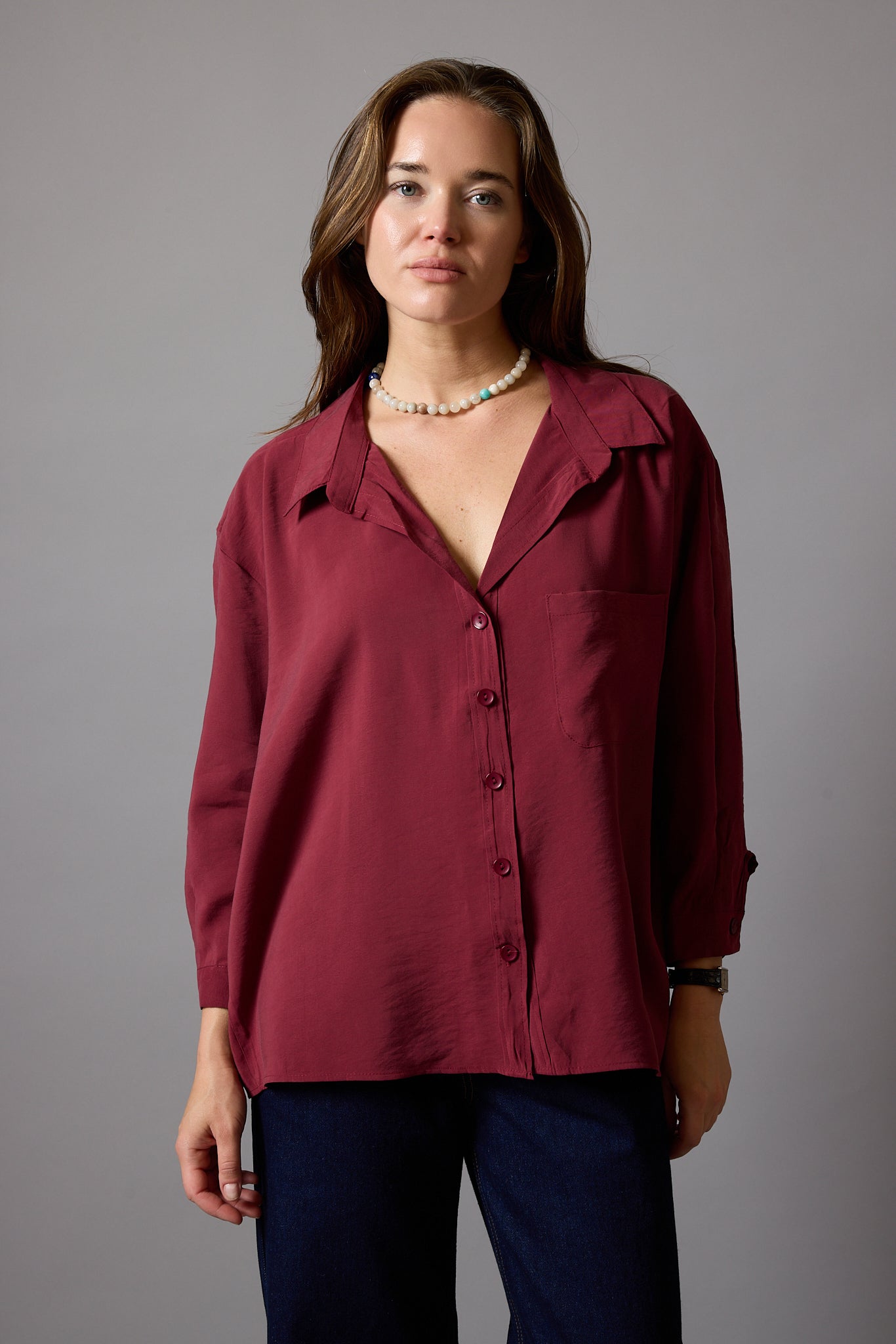 DOKUMLU CEPLI TENCEL GOMLEK CHERRY