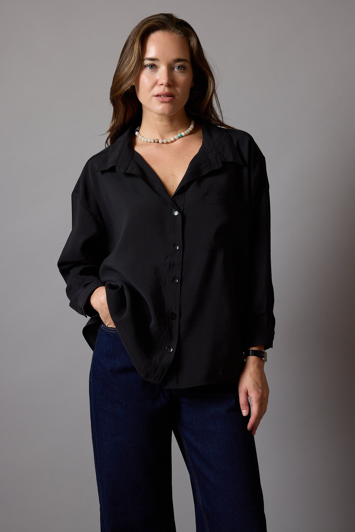 FLOWER POCKET TENSEL SHIRT BLACK
