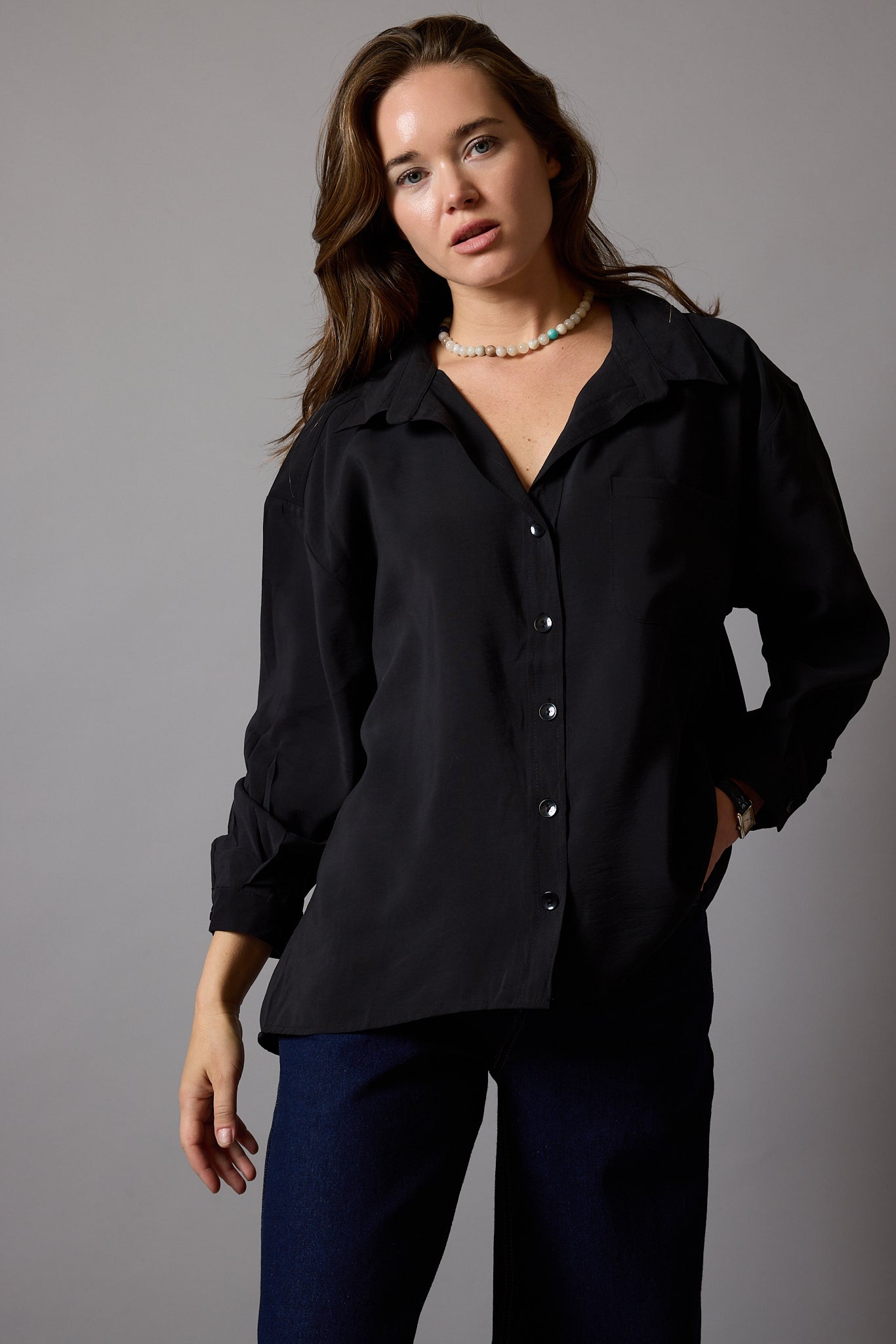 FLOWER POCKET TENSEL SHIRT BLACK