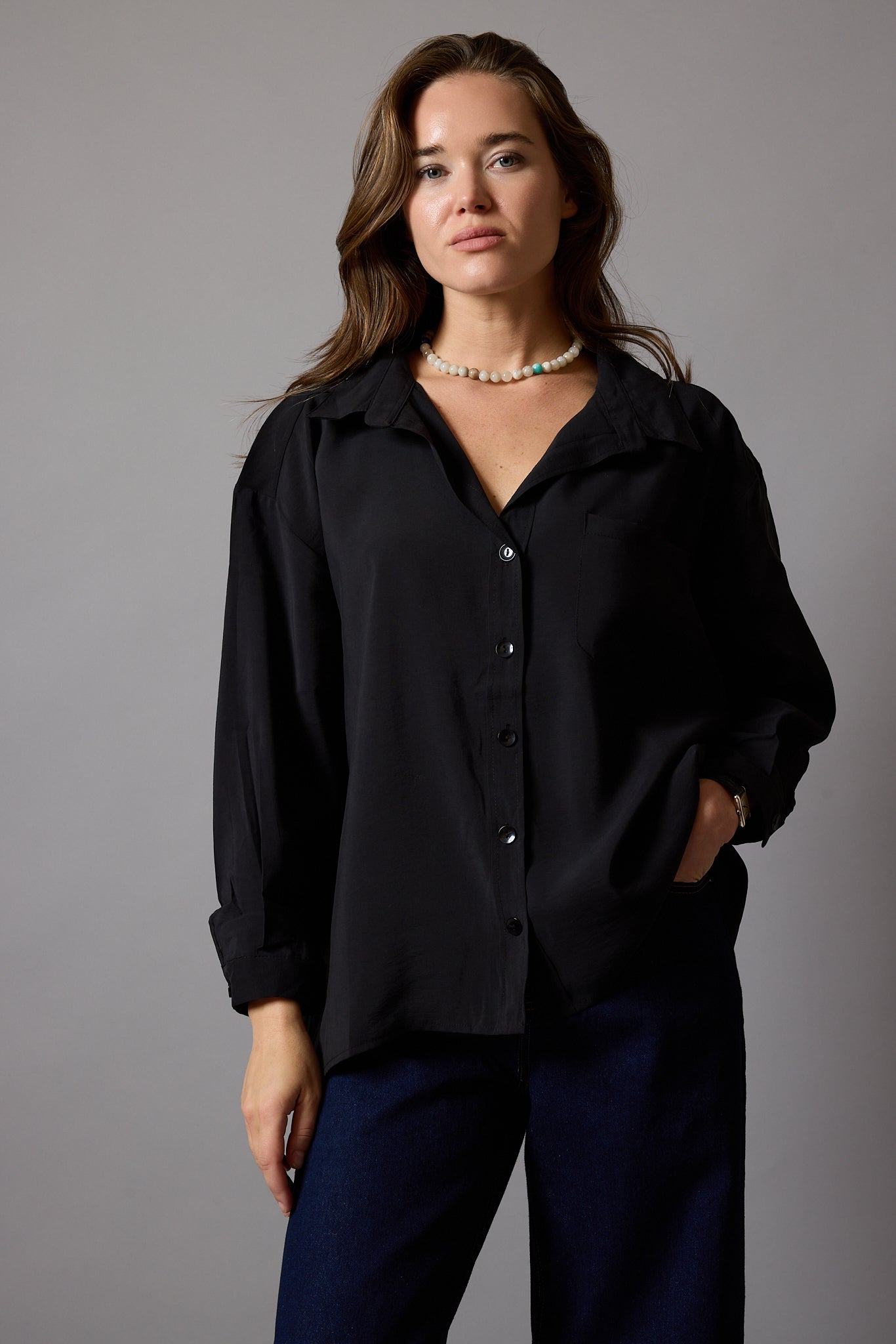 FLOWER POCKET TENSEL SHIRT BLACK