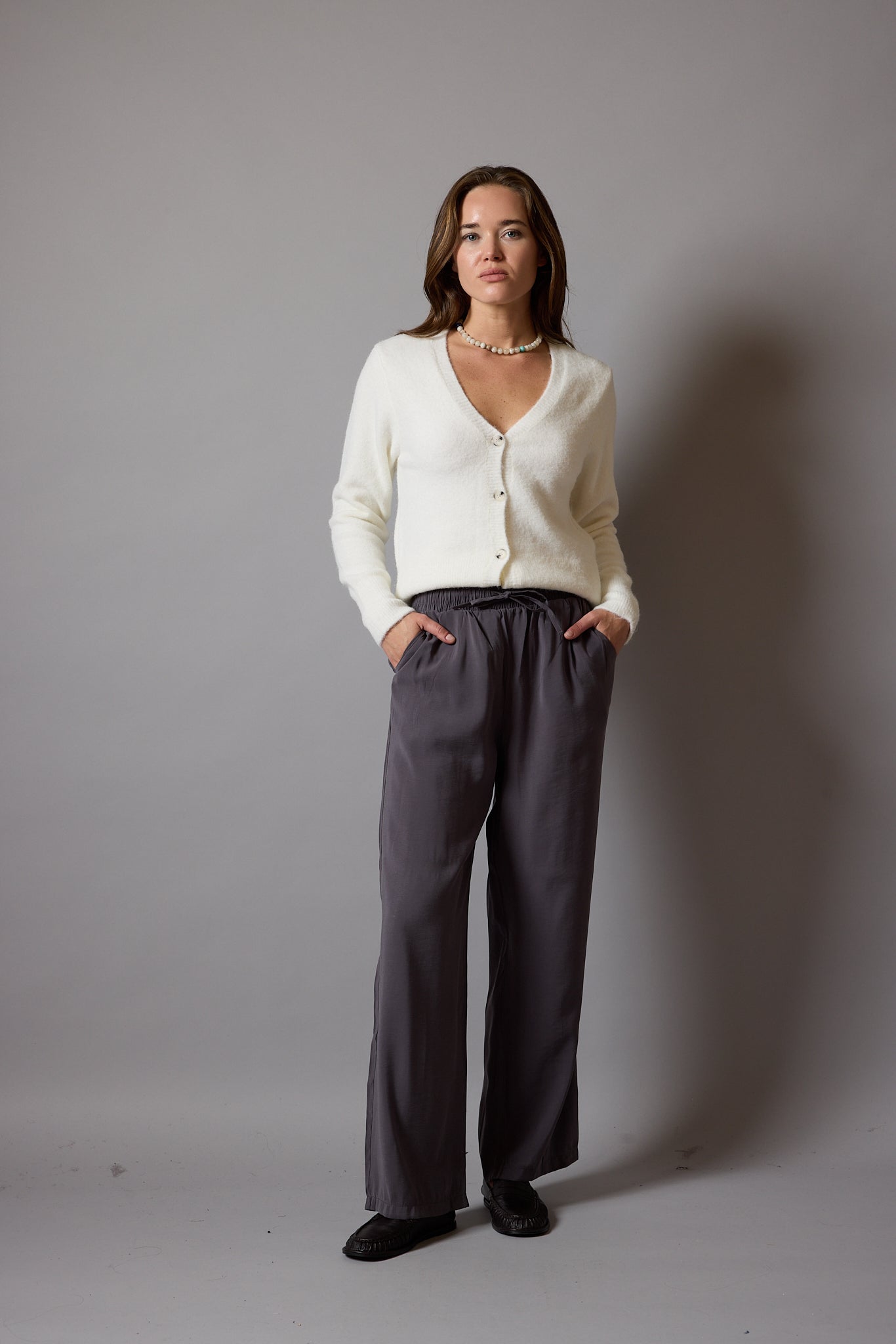 MODAL ELASTIC WAIST BAND WIDE LEGS PANTS CREAM