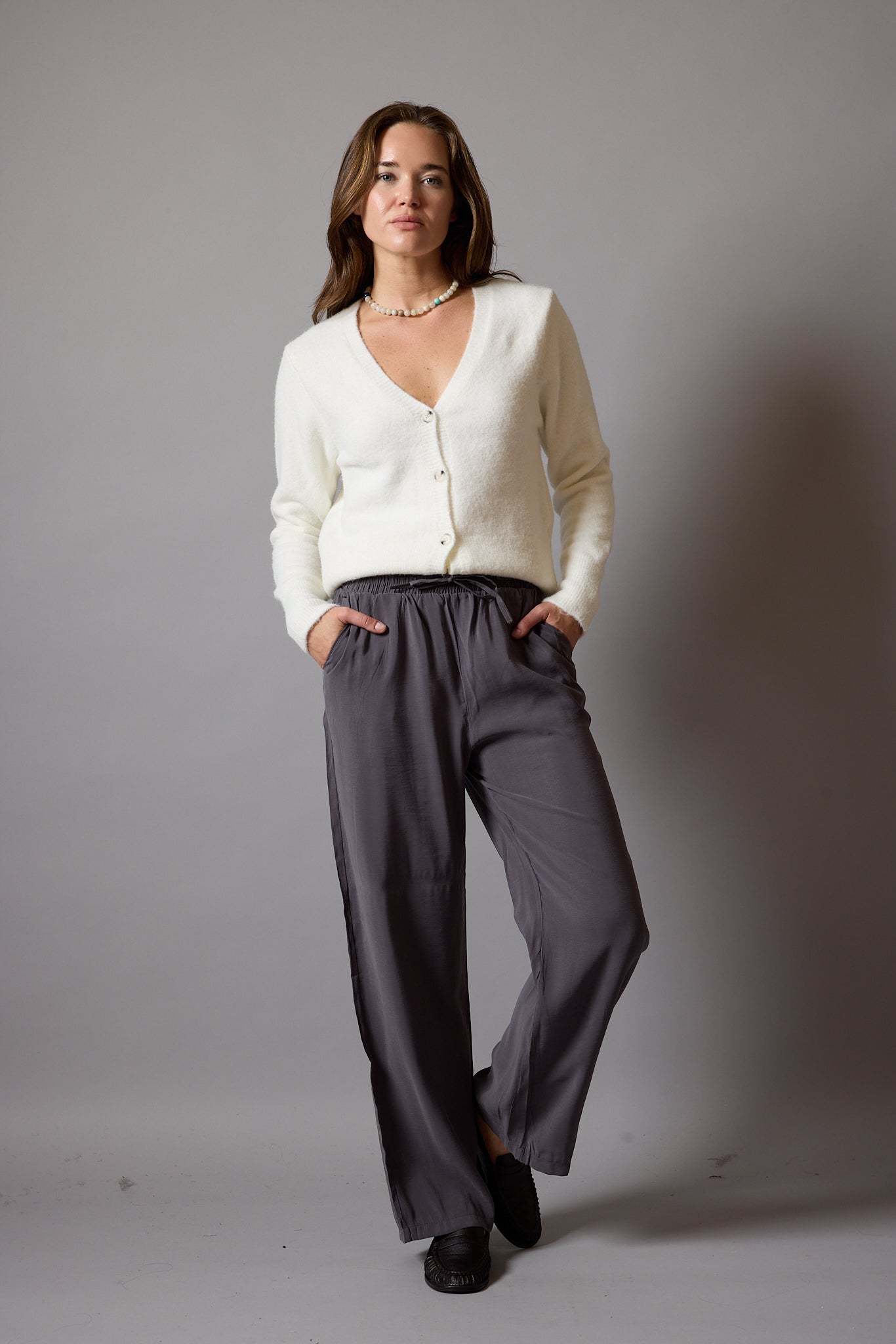 MODAL ELASTIC WAIST BAND WIDE LEGS PANTS CREAM