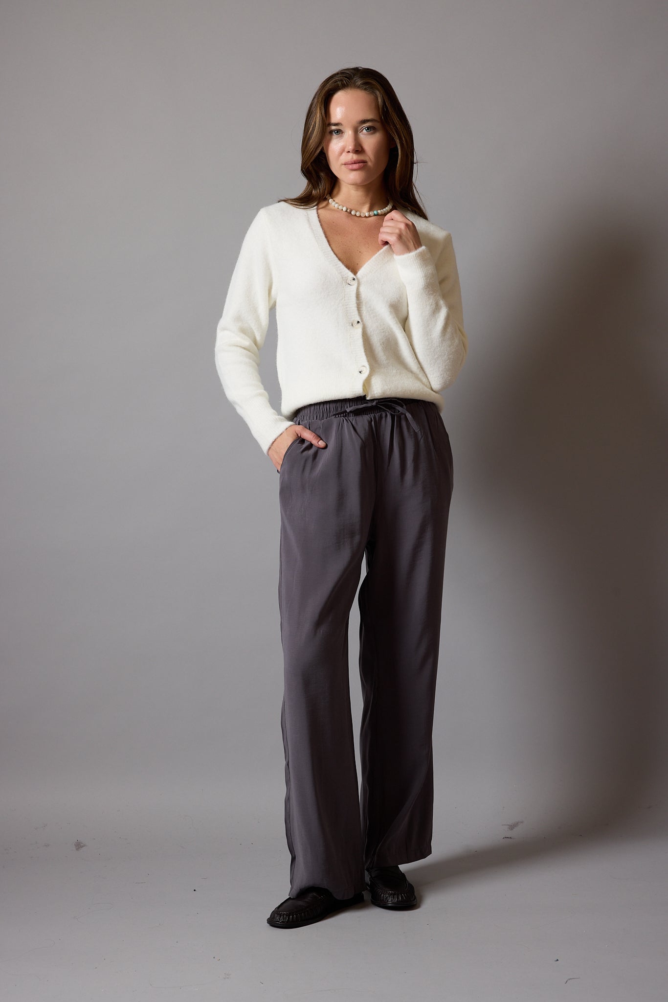 MODAL ELASTIC WAIST BAND WIDE LEGS PANTS CREAM