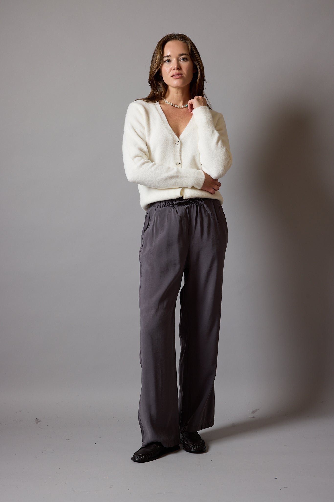 MODAL ELASTIC WAIST BAND WIDE LEGS PANTS CREAM