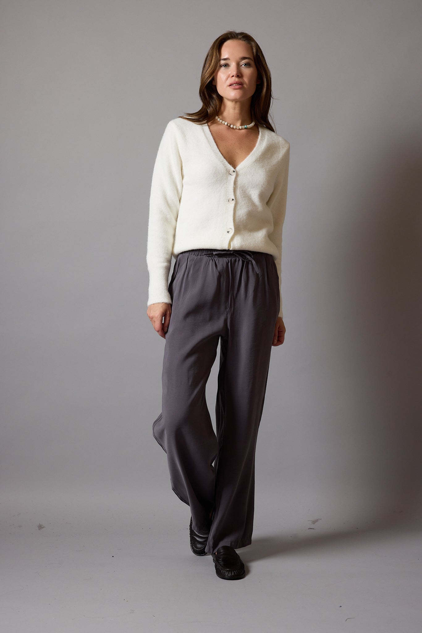 MODAL ELASTIC WAIST BAND WIDE LEGS PANTS CREAM