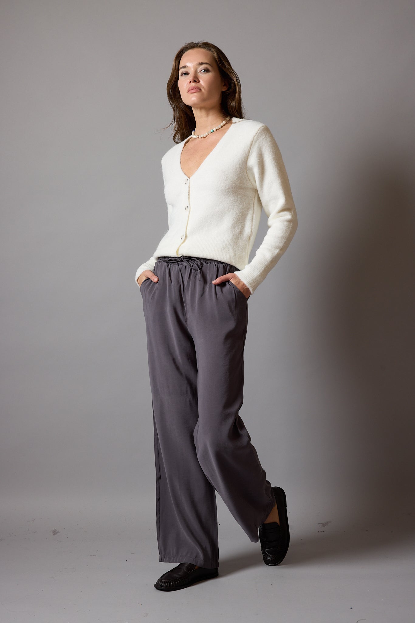 MODAL ELASTIC WAIST BAND WIDE LEGS PANTS CREAM