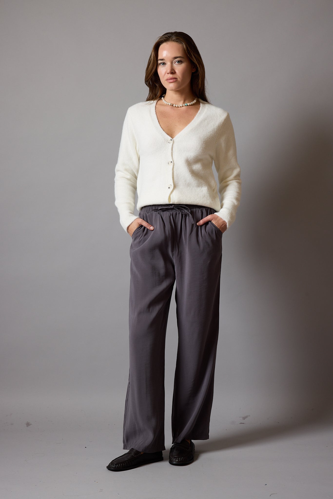 MODAL ELASTIC WAIST BAND WIDE LEGS PANTS CREAM