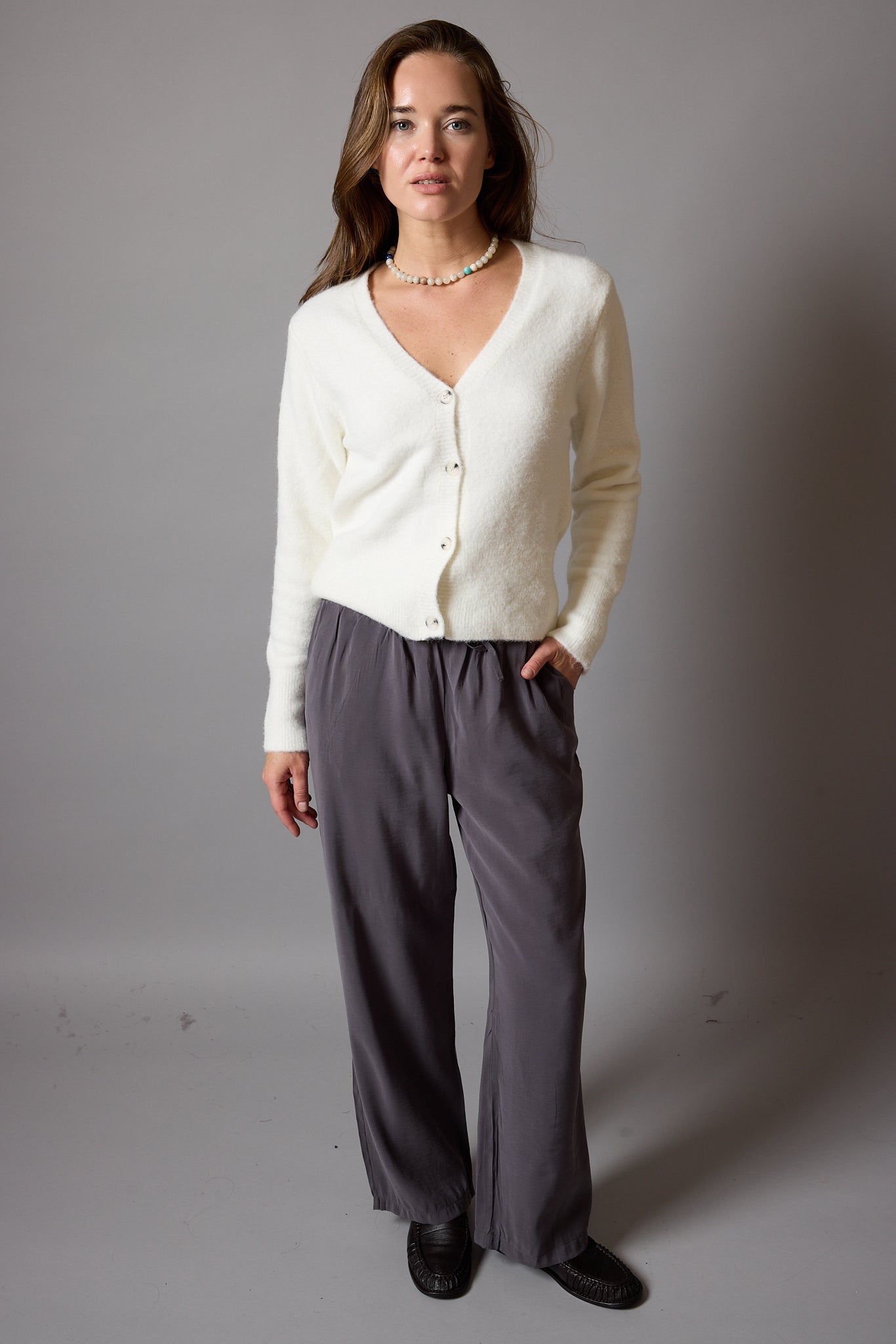 MODAL ELASTIC WAIST BAND WIDE LEGS PANTS CREAM