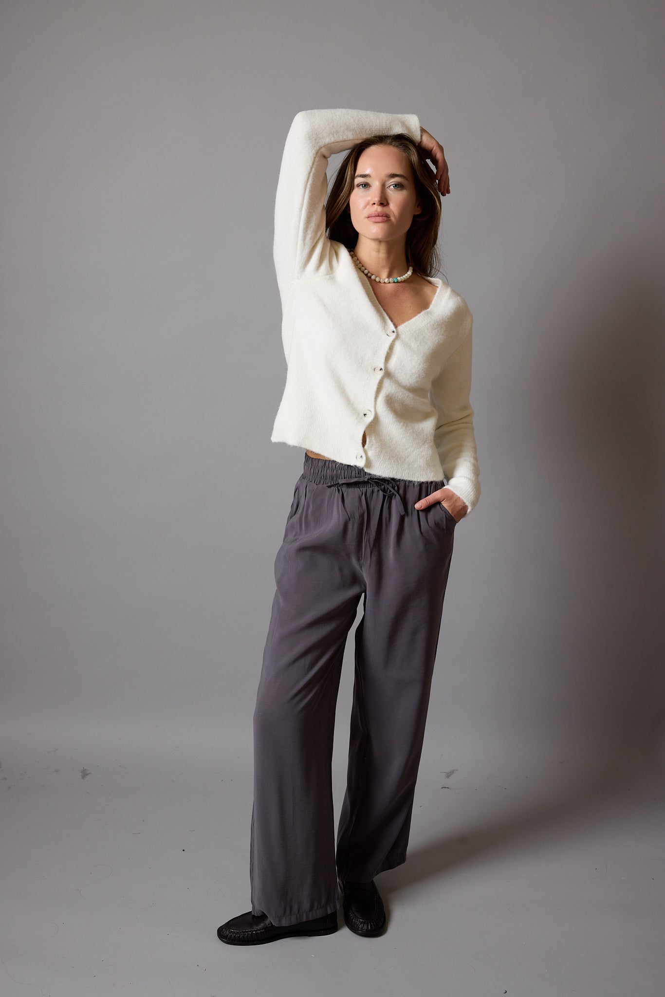 MODAL ELASTIC WAIST BAND WIDE LEGS PANTS CREAM