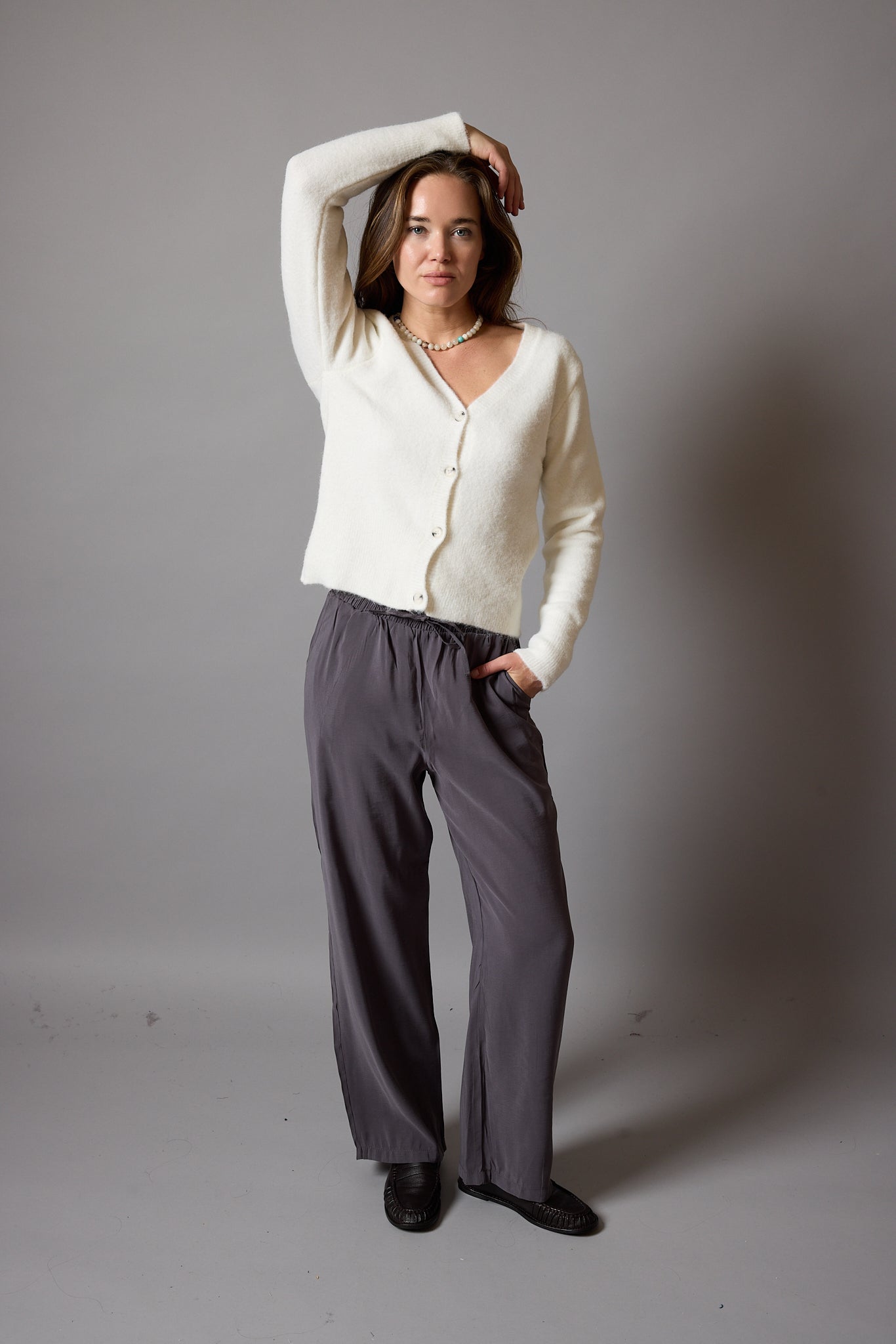 MODAL ELASTIC WAIST BAND WIDE LEGS PANTS CREAM