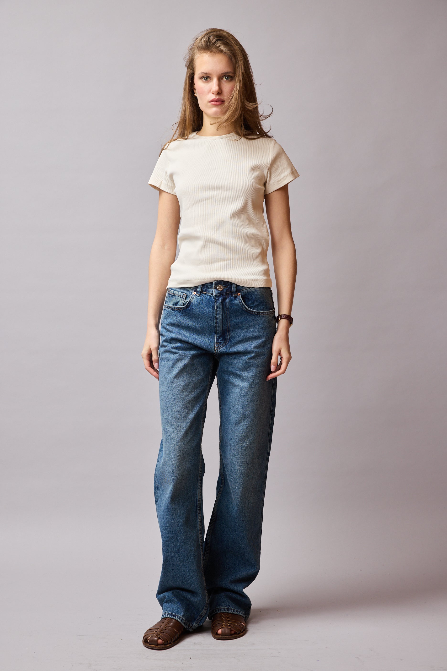 STRAIGHT FIT HIGH WAIST PIECE LEG JEAN BLUE