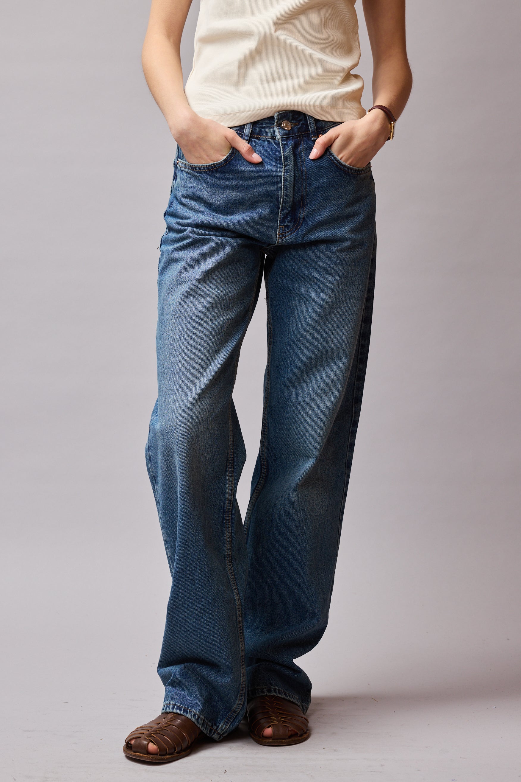 STRAIGHT FIT HIGH WAIST PIECE LEG JEAN BLUE