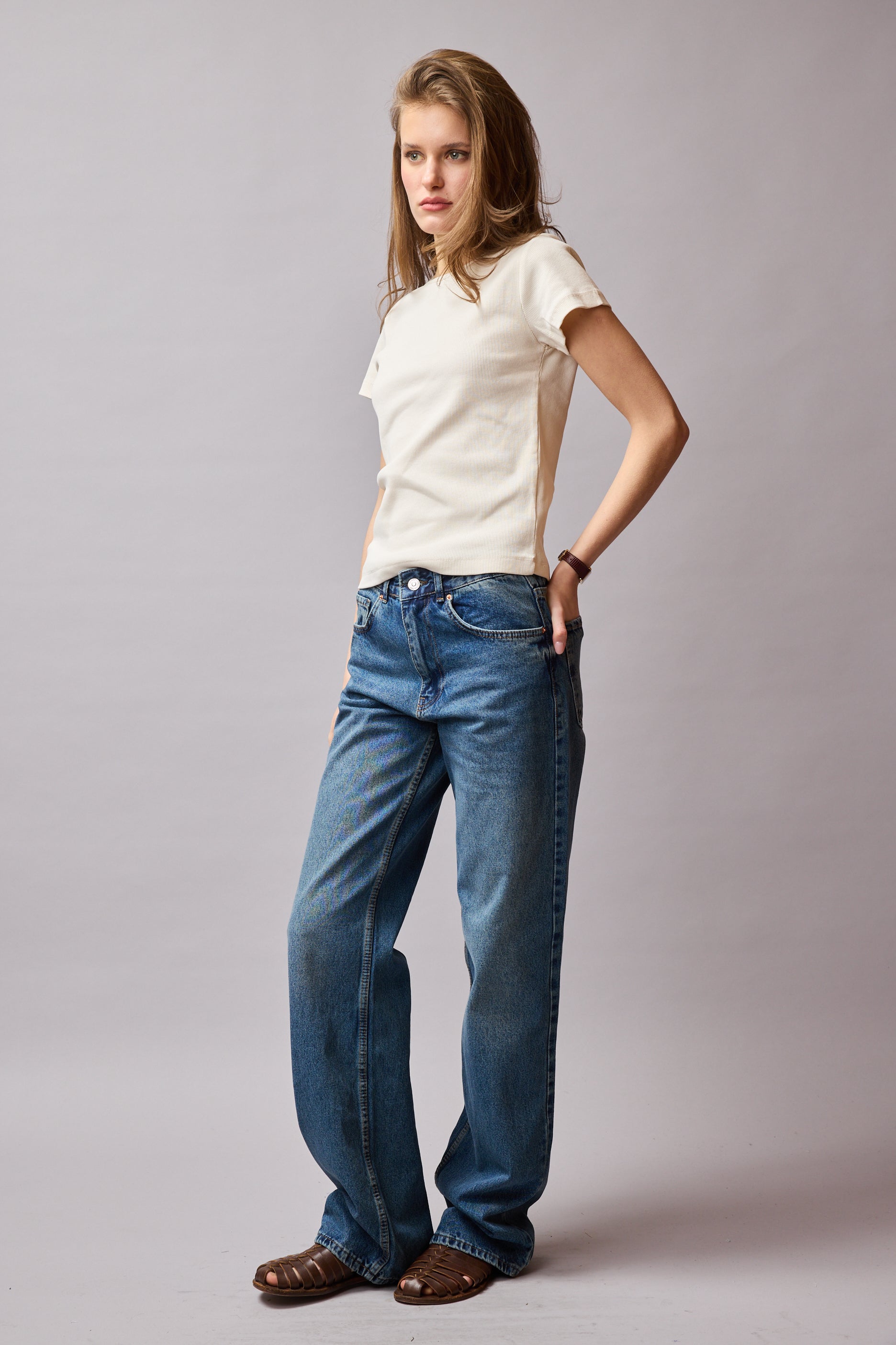 STRAIGHT FIT HIGH WAIST PIECE LEG JEAN BLUE