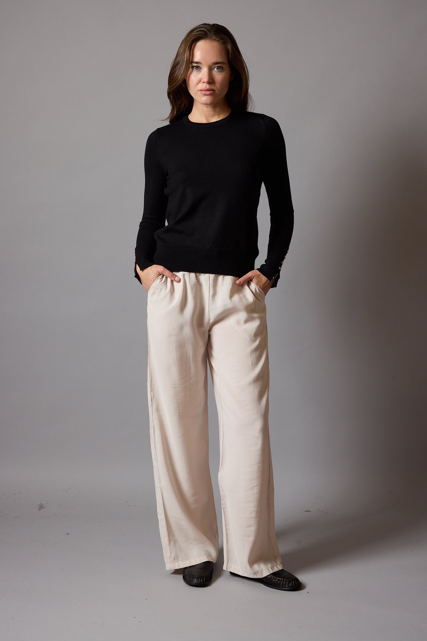 MODAL ELASTIK BEL BANTLI GENIS PACA PANTOLON KREM