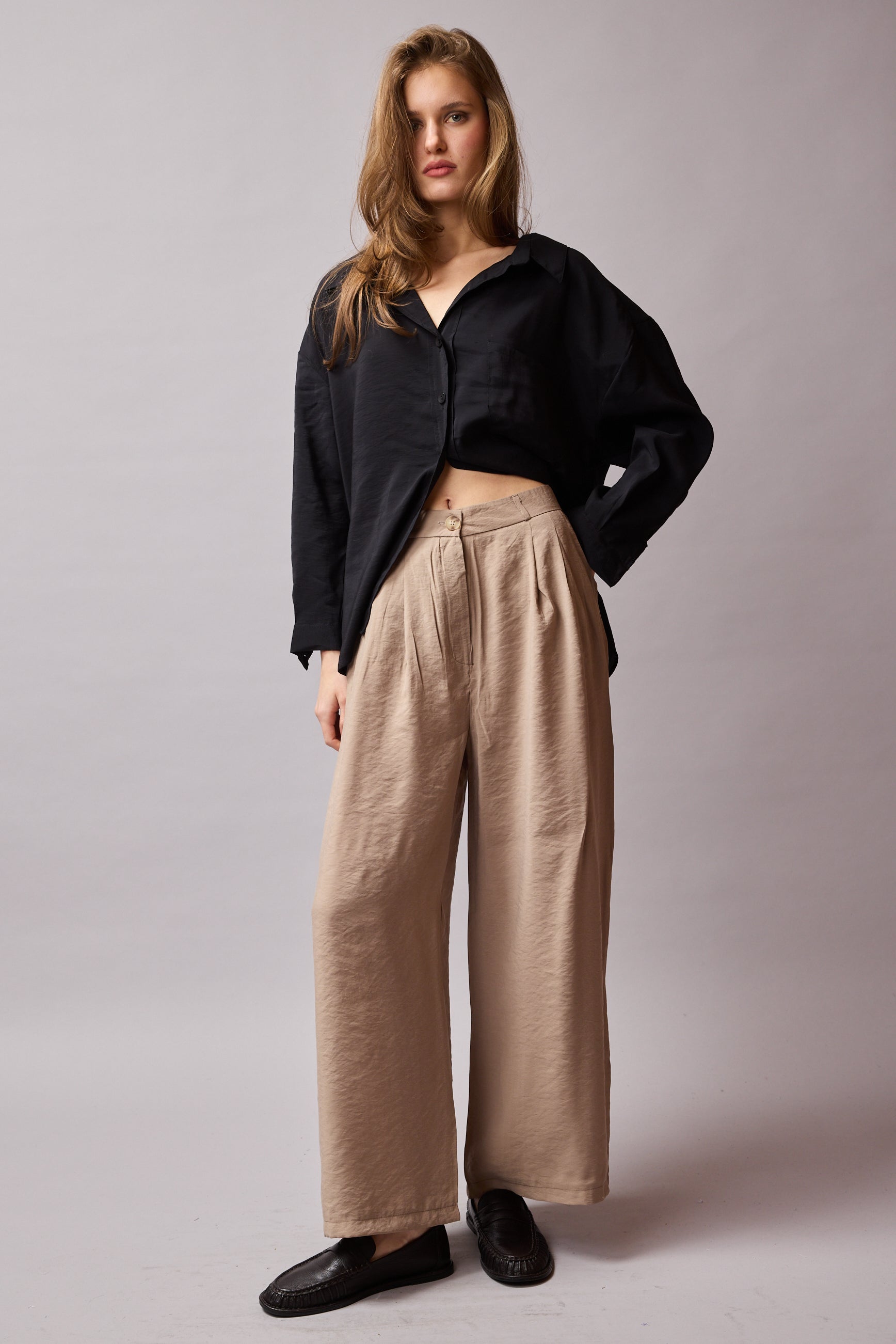 DOUBLE PLEATED FLOWING PALAZZO TROUSERS BEIGE