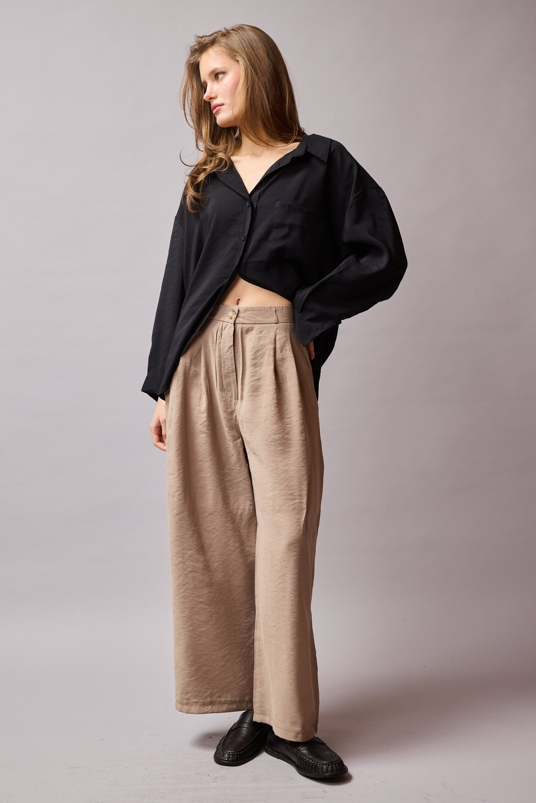 DOUBLE PLEATED FLOWING PALAZZO TROUSERS BEIGE