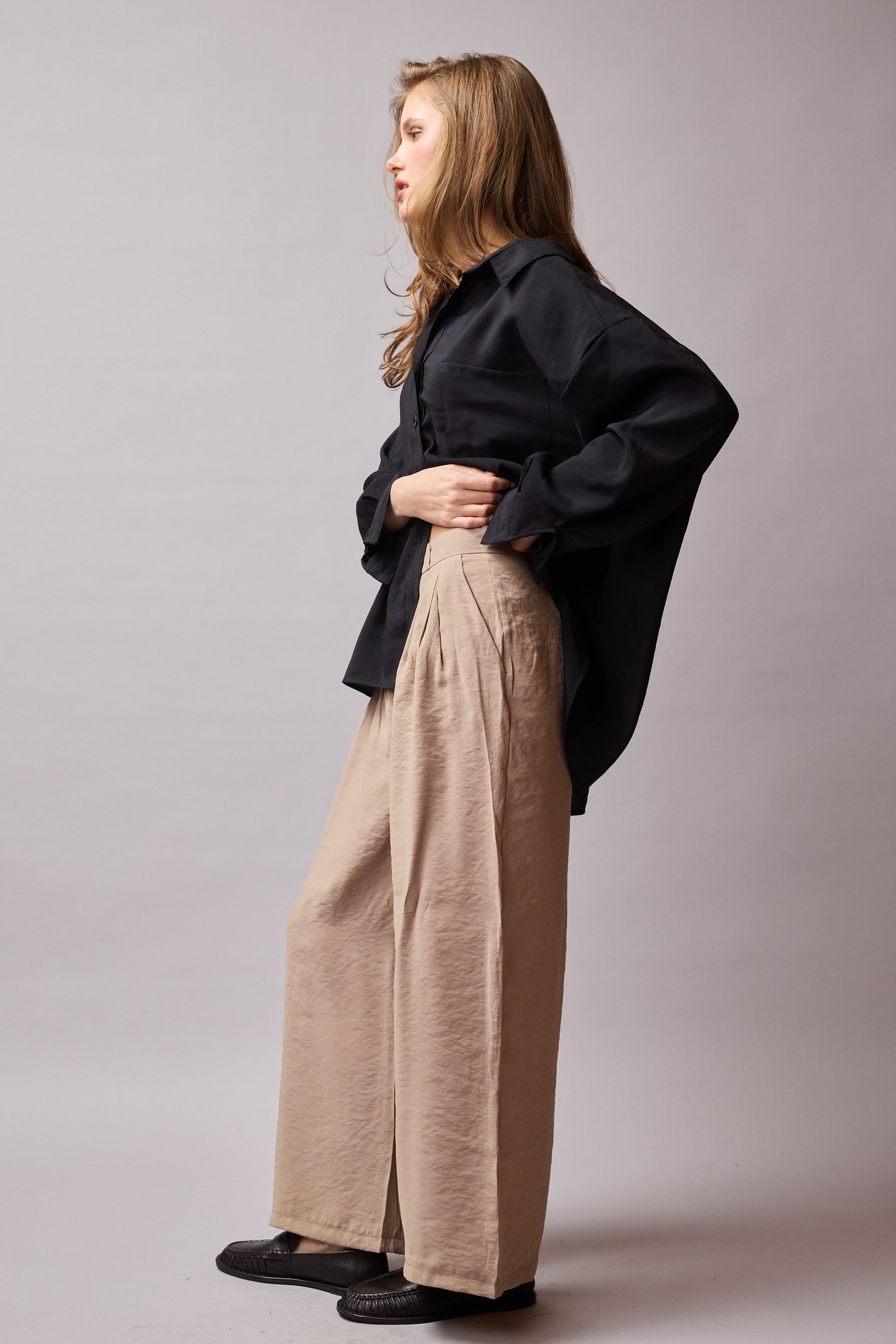 DOUBLE PLEATED FLOWING PALAZZO TROUSERS BEIGE