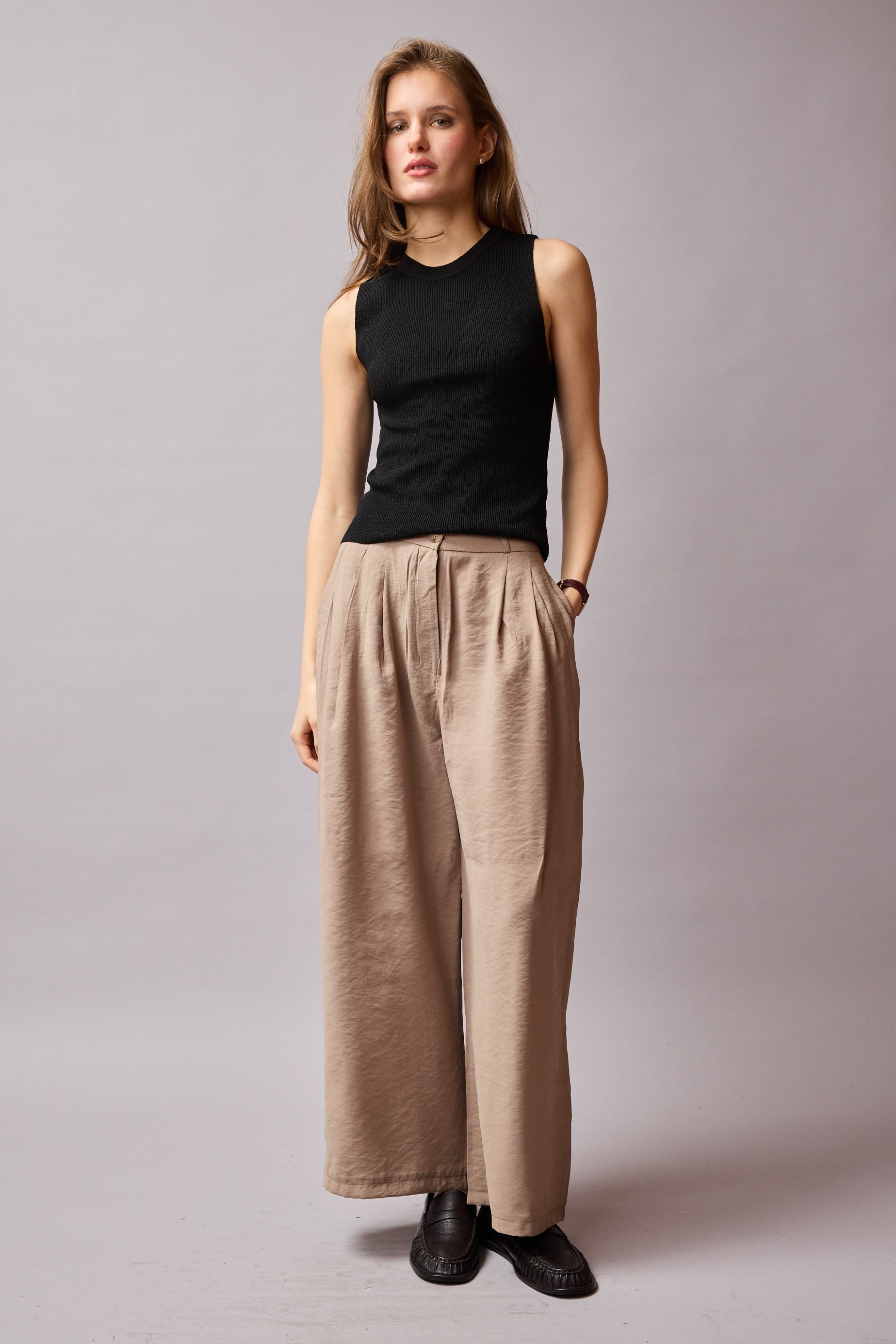 CIFT PILELI DOKUMLU PALAZZO PANTOLON BEIGE