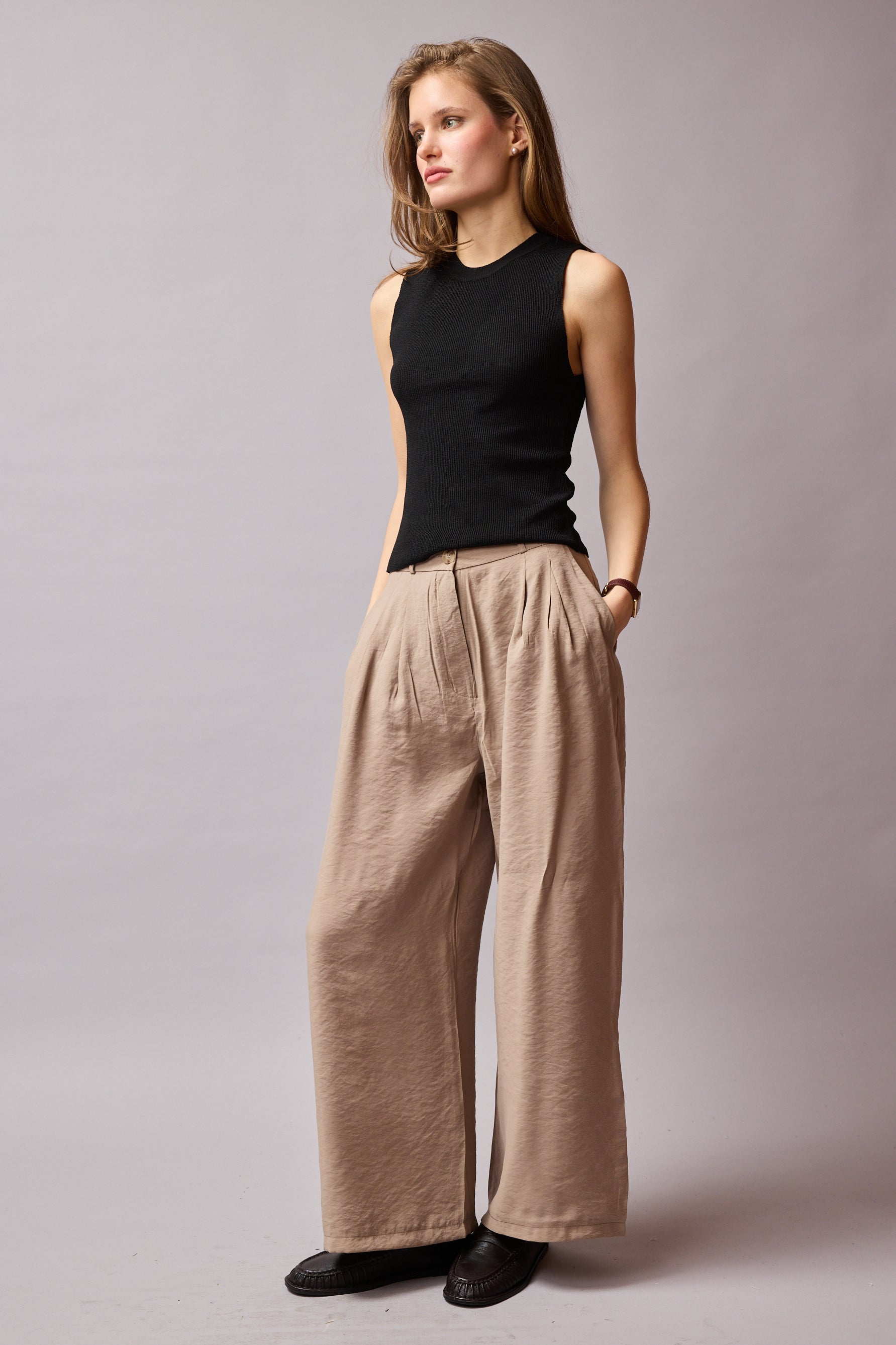 CIFT PILELI DOKUMLU PALAZZO PANTOLON BEIGE