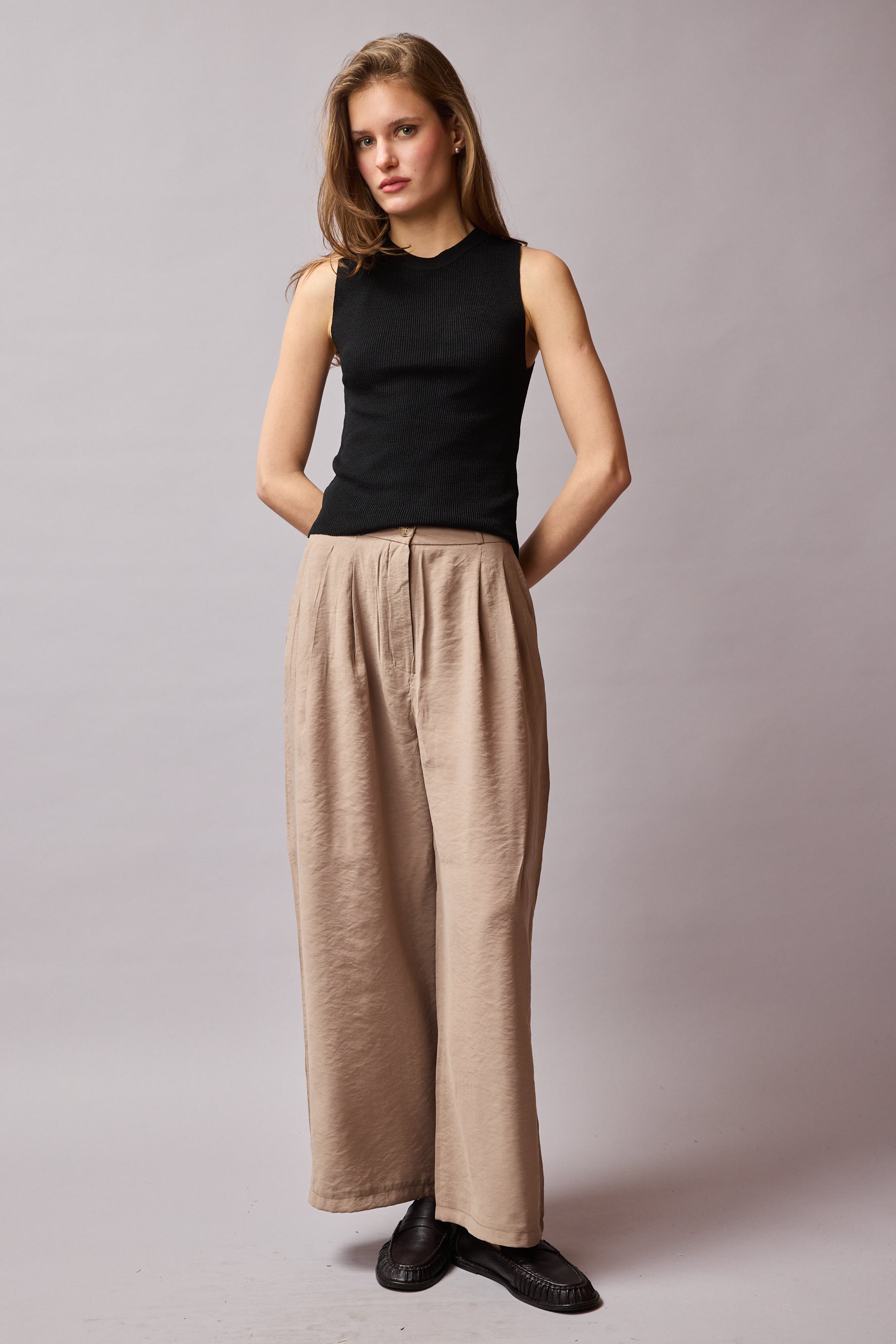 CIFT PILELI DOKUMLU PALAZZO PANTOLON BEIGE