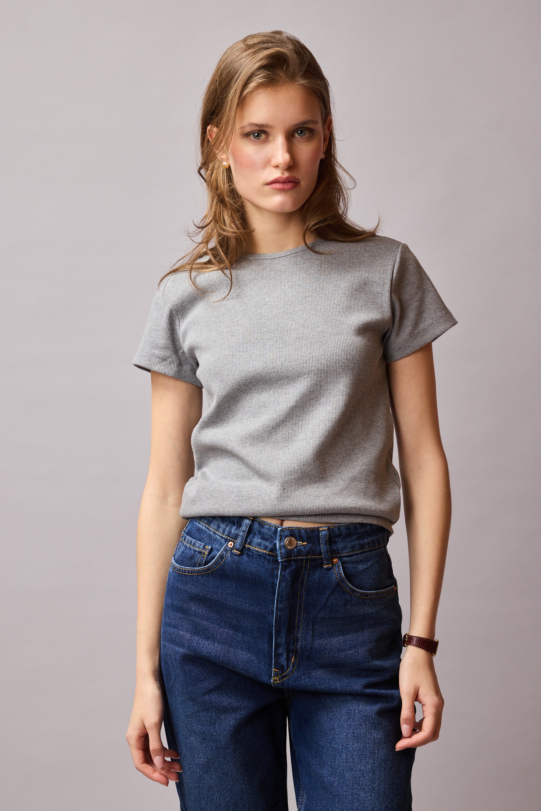 FITILLI KISA KOLLU PAMUK T-SHIRT GRI