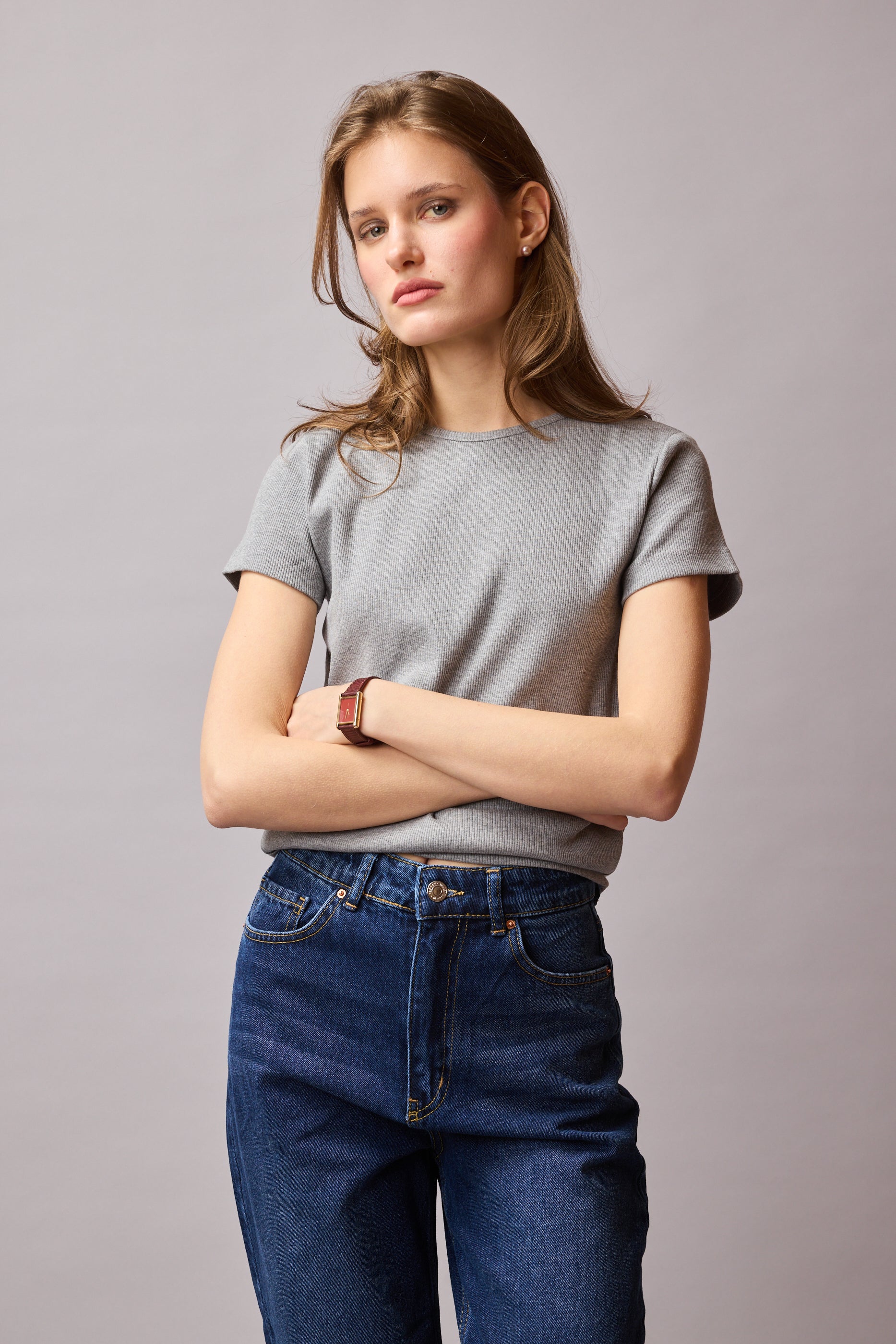 FITILLI KISA KOLLU PAMUK T-SHIRT GRI