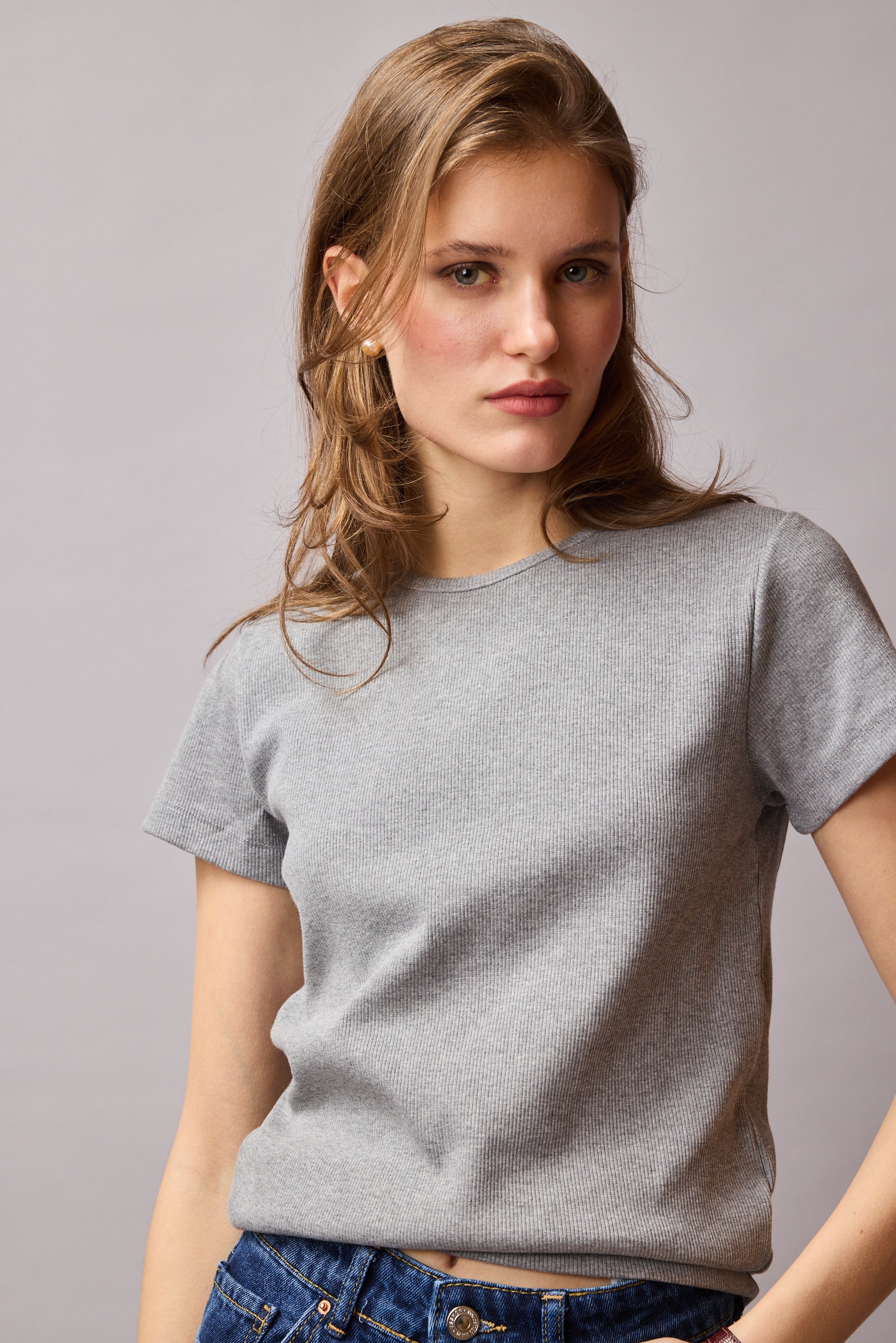 FITILLI KISA KOLLU PAMUK T-SHIRT GRI