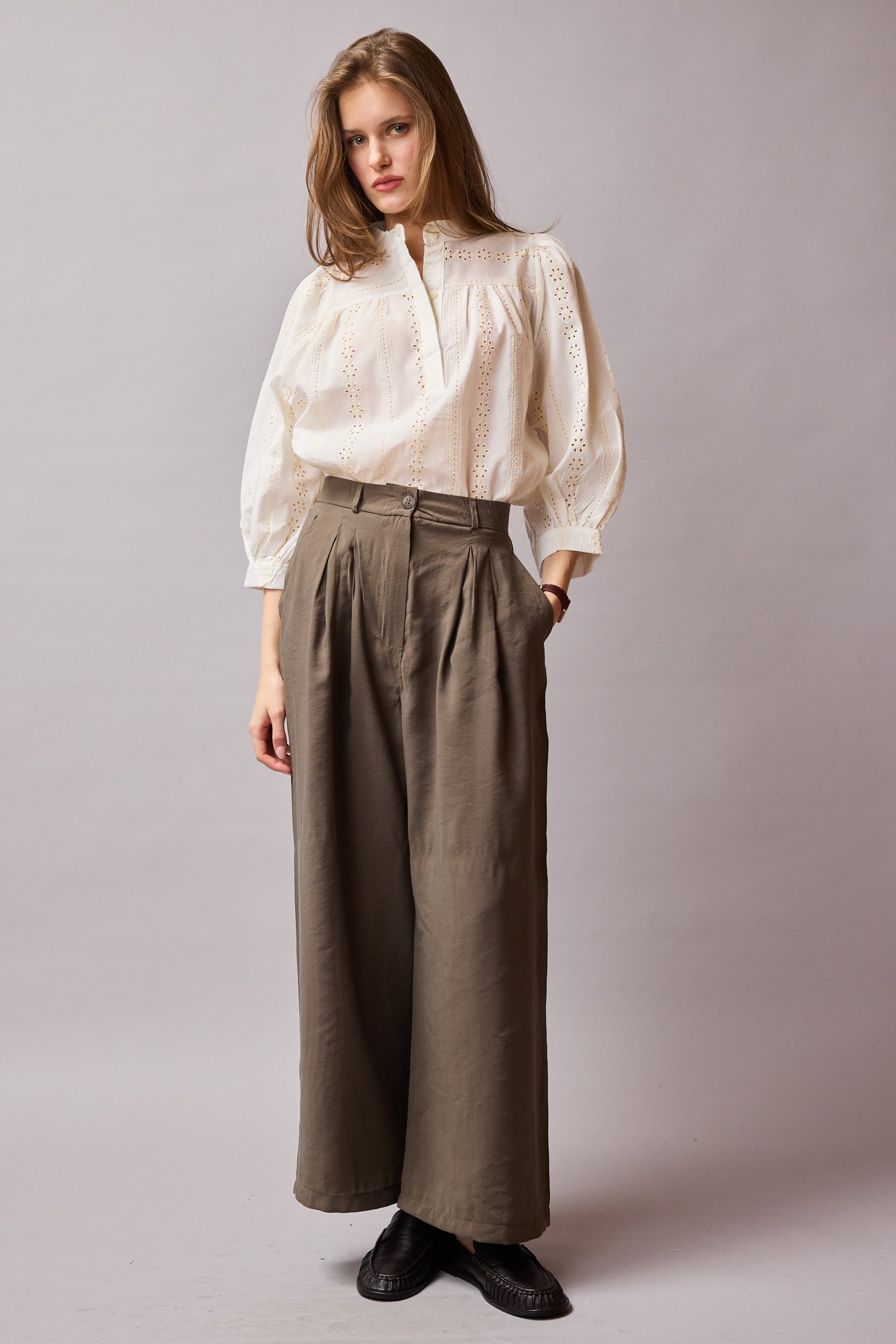 CIFT PILELI DOKUMLU PALAZZO PANTOLON HAKI