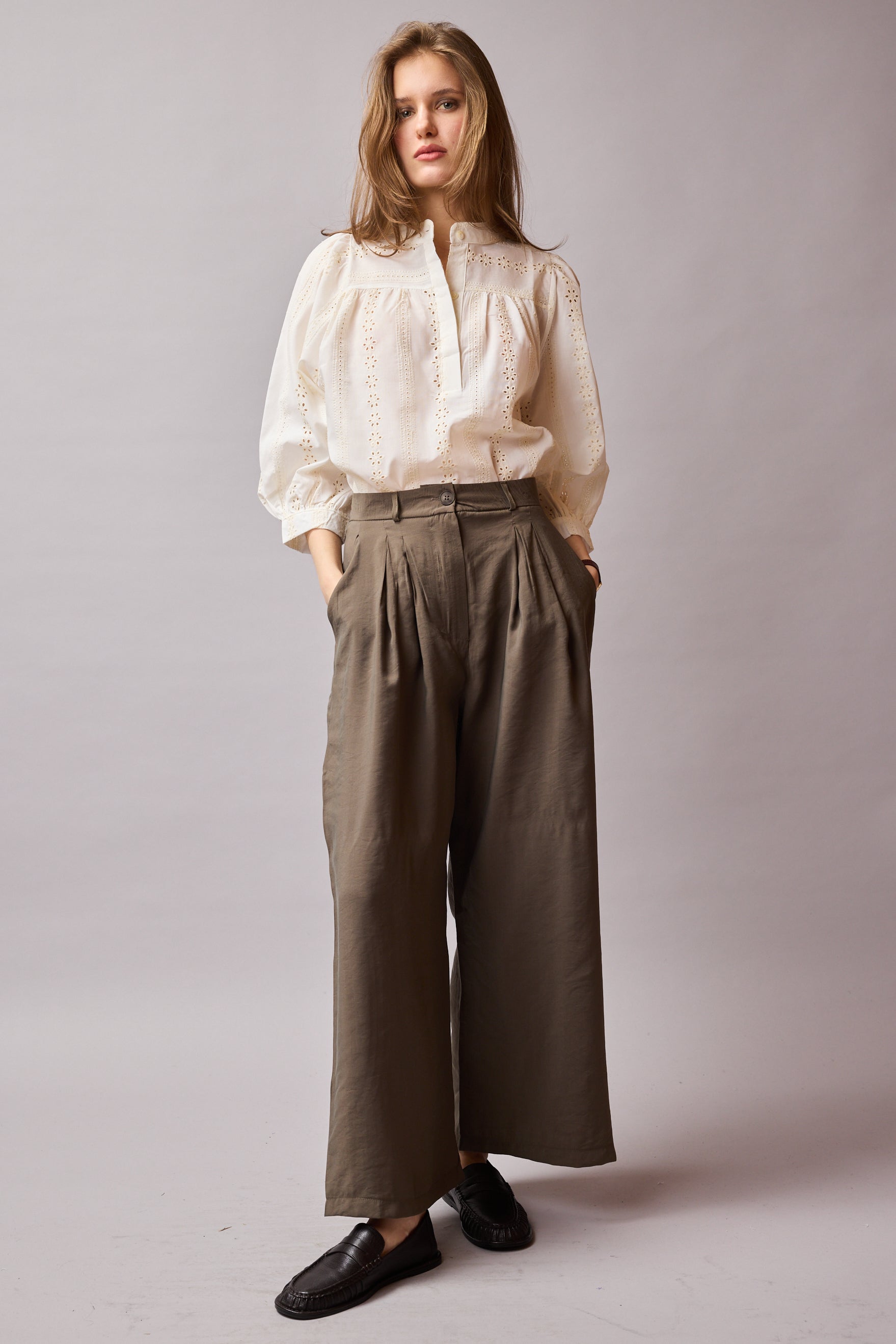 CIFT PILELI DOKUMLU PALAZZO PANTOLON HAKI