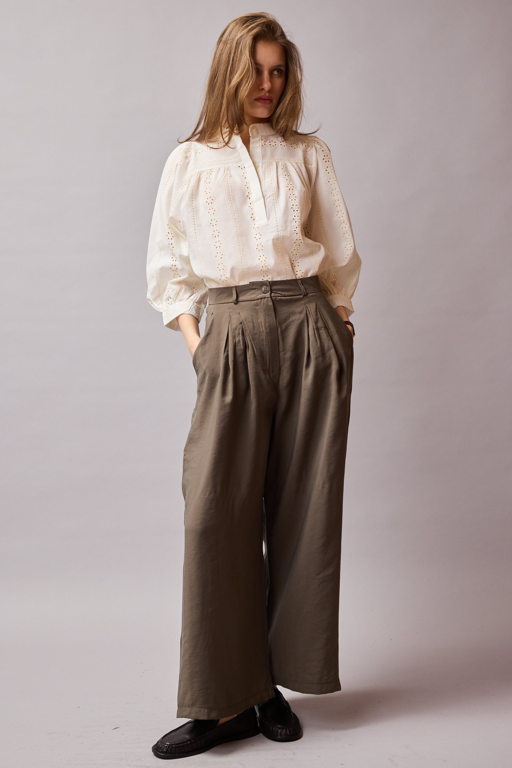 CIFT PILELI DOKUMLU PALAZZO PANTOLON HAKI