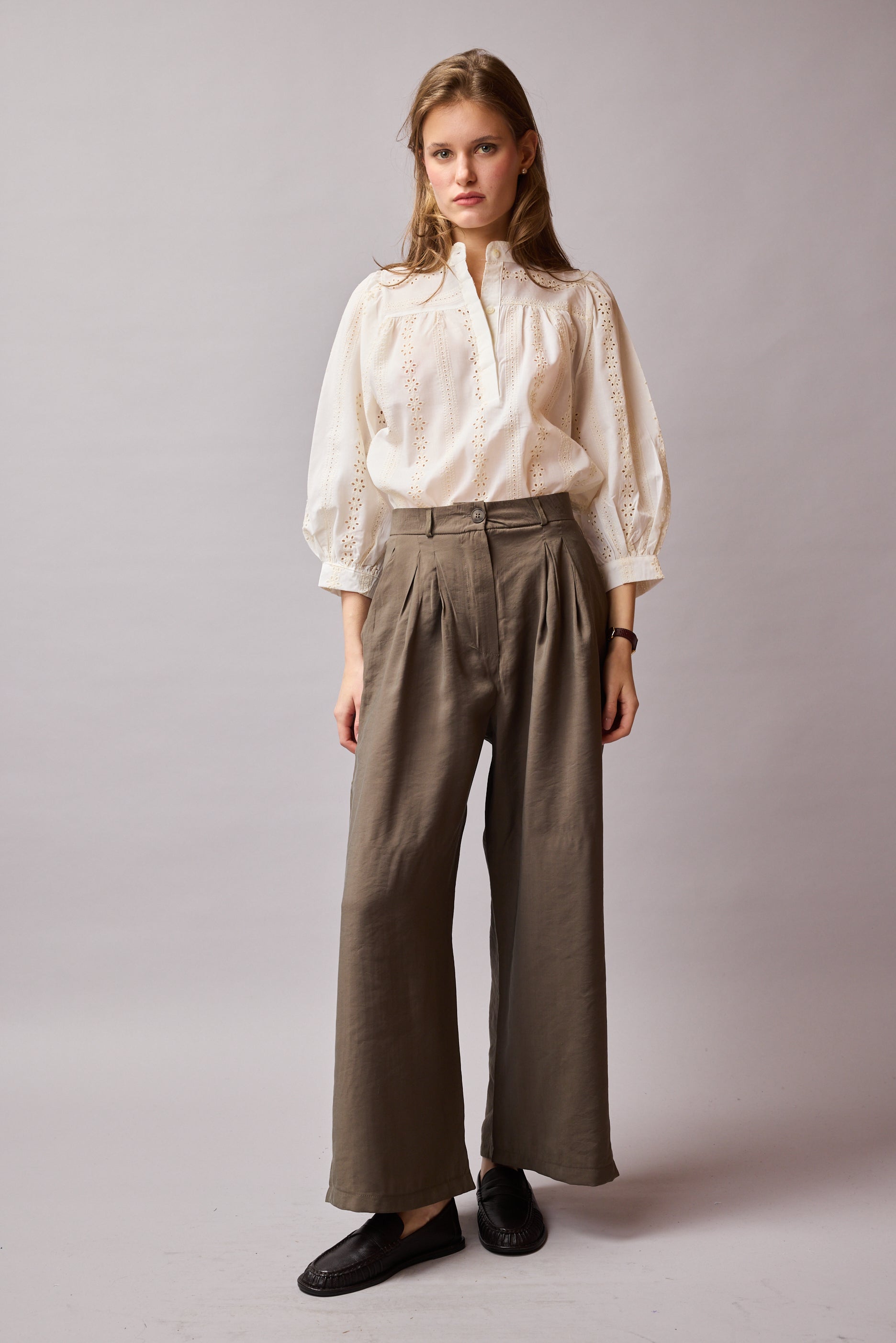 CIFT PILELI DOKUMLU PALAZZO PANTOLON HAKI