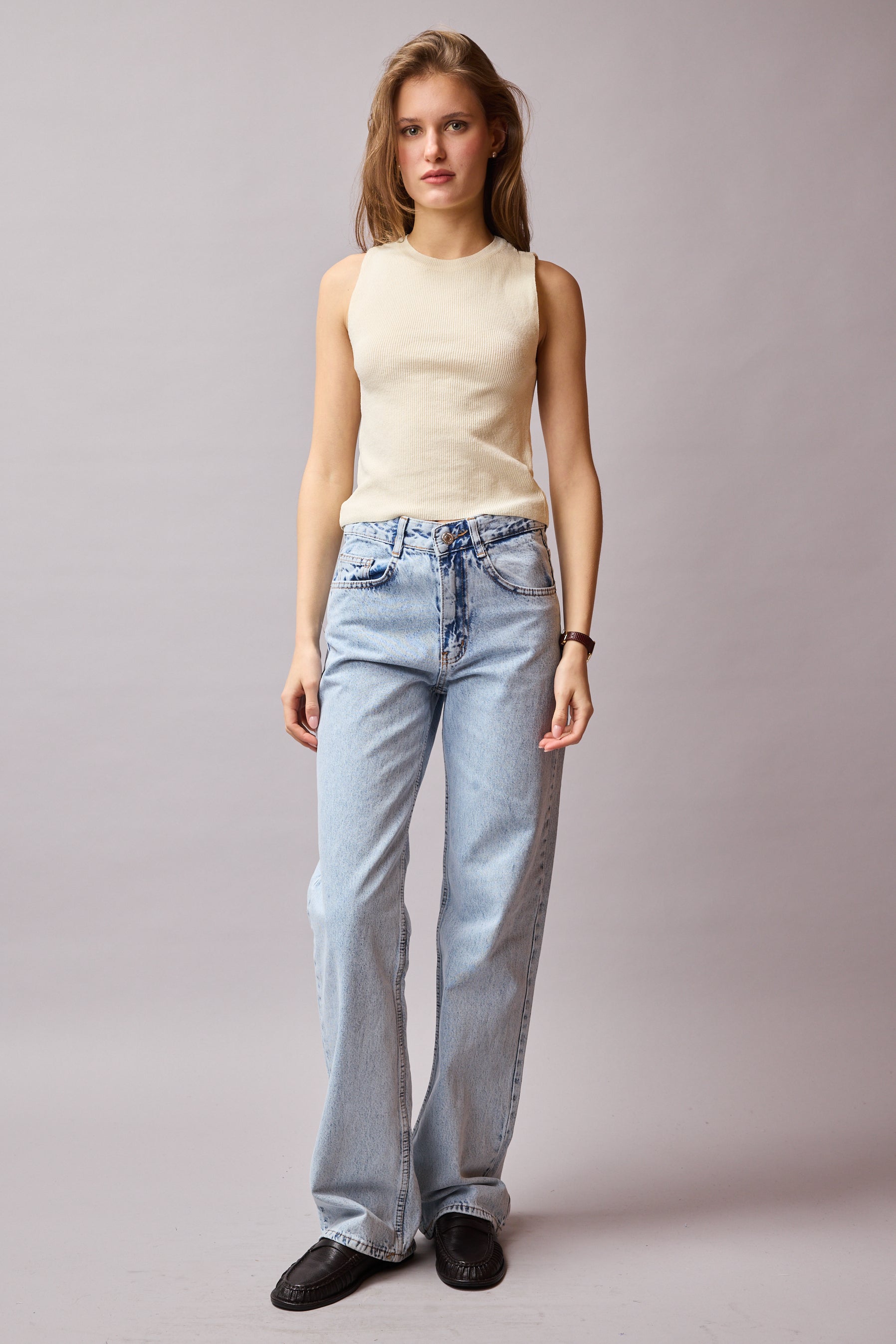 STRAIGHT FIT HIGH WAIST PIECE LEG JEANS LIGHT BLUE