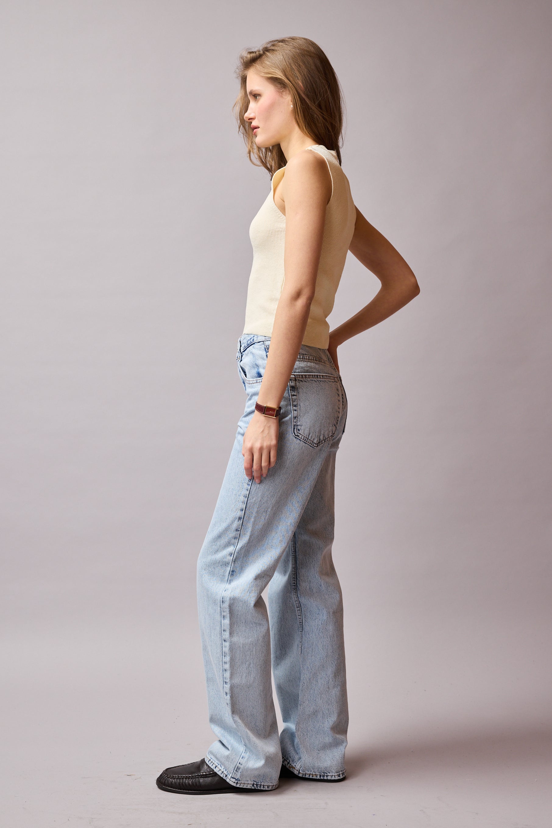 STRAIGHT FIT HIGH WAIST PIECE LEG JEANS LIGHT BLUE
