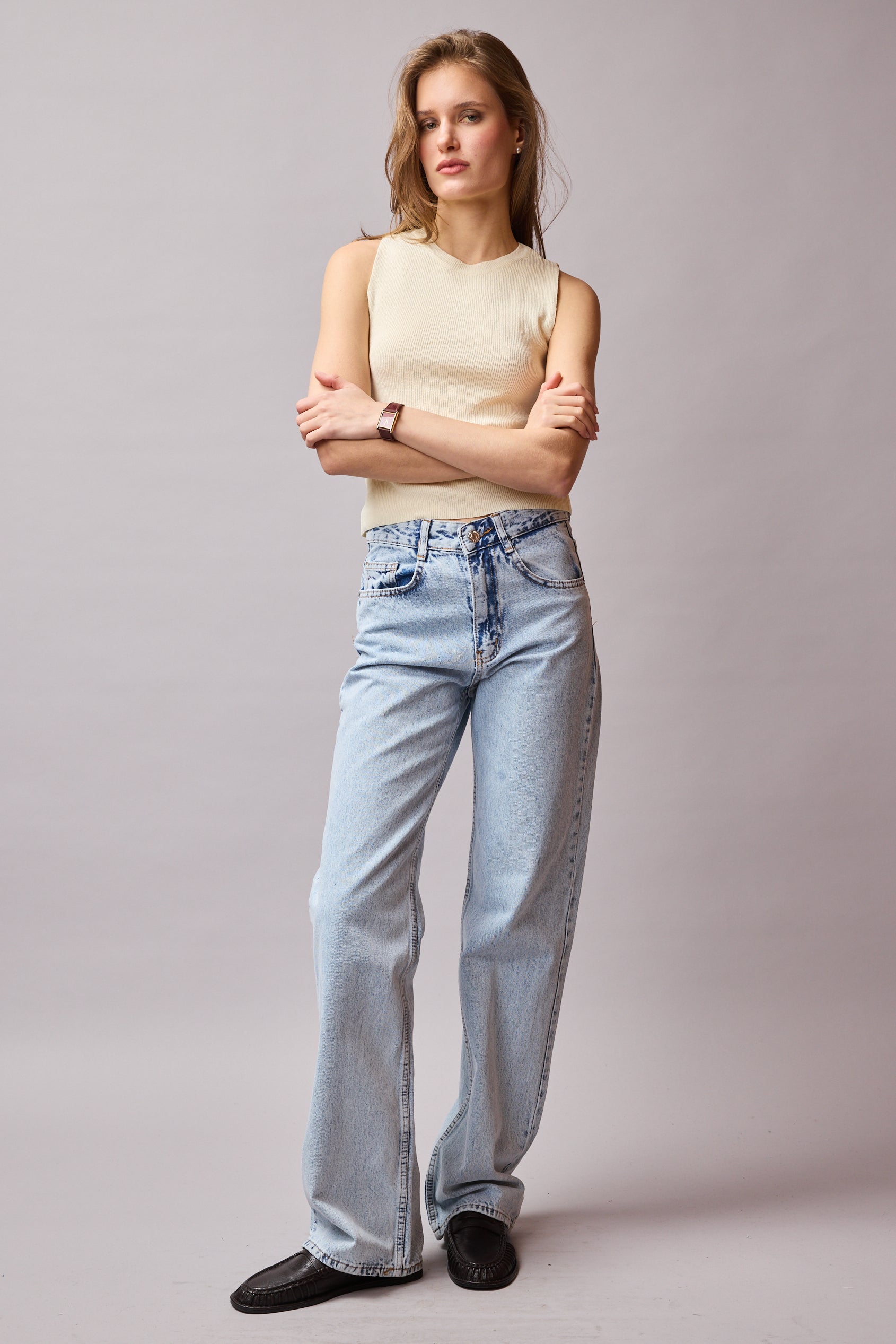 STRAIGHT FIT HIGH WAIST PIECE LEG JEANS LIGHT BLUE