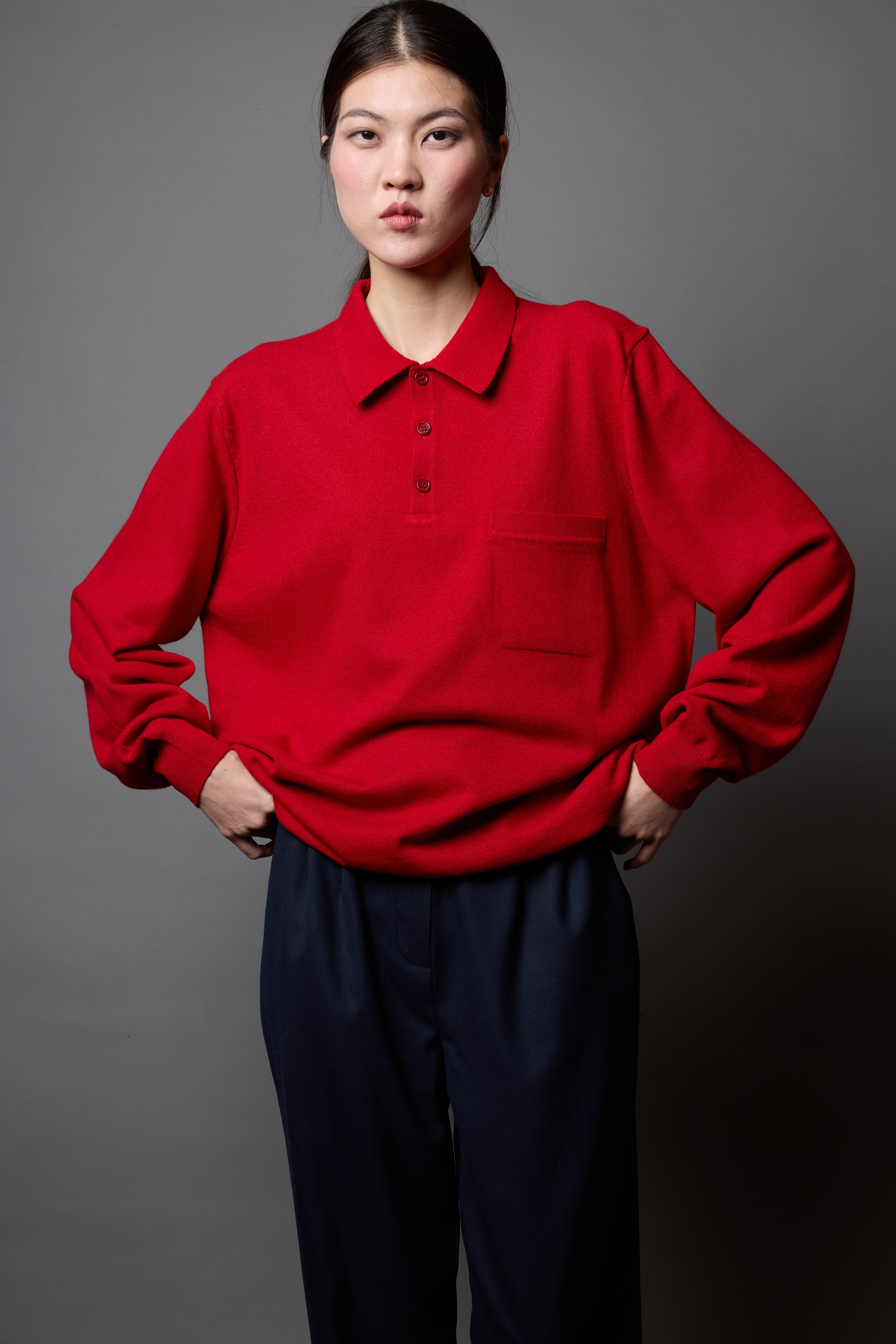 WOOL POLO COLLAR UNISEX SWEATER RED