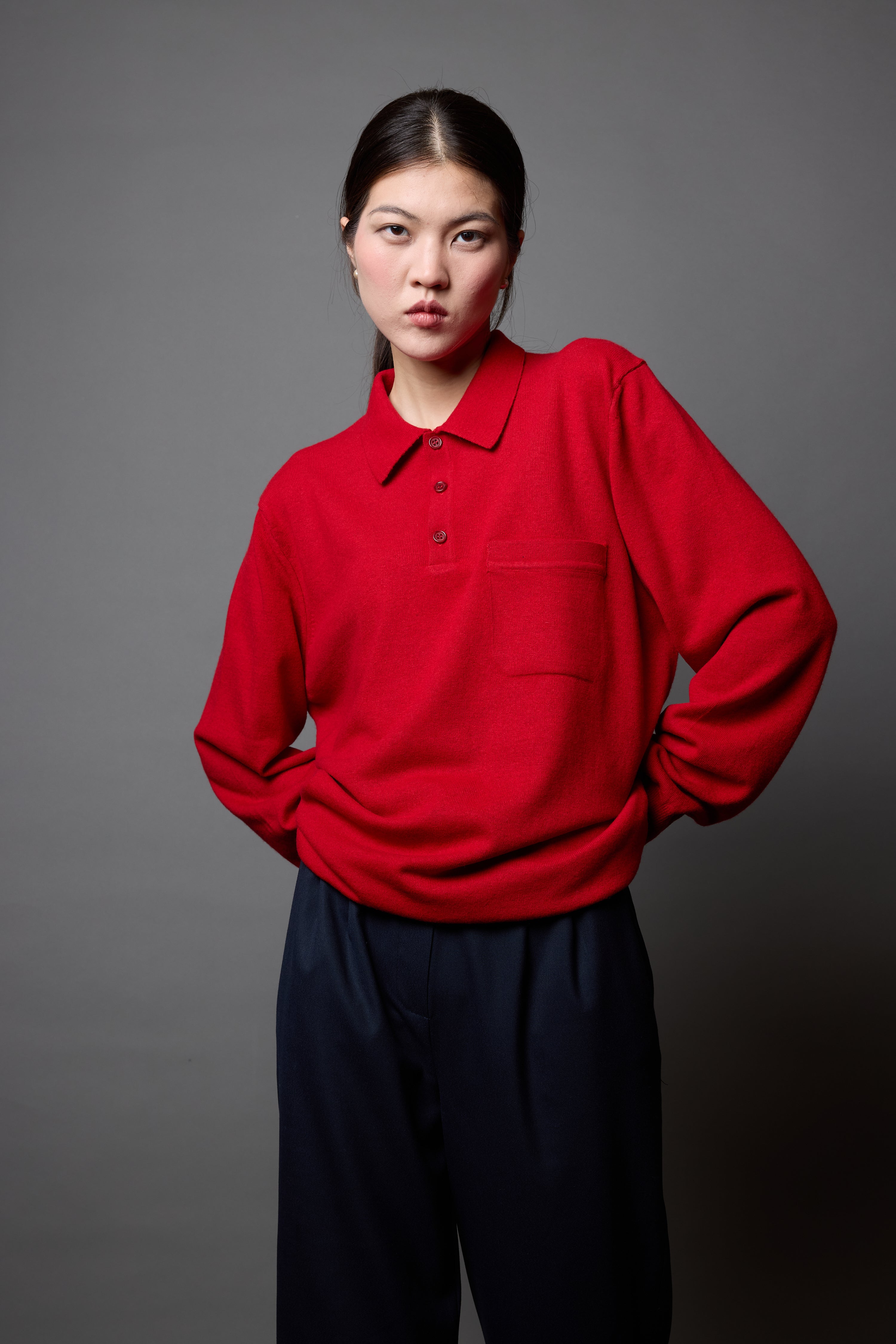 WOOL POLO COLLAR UNISEX SWEATER RED