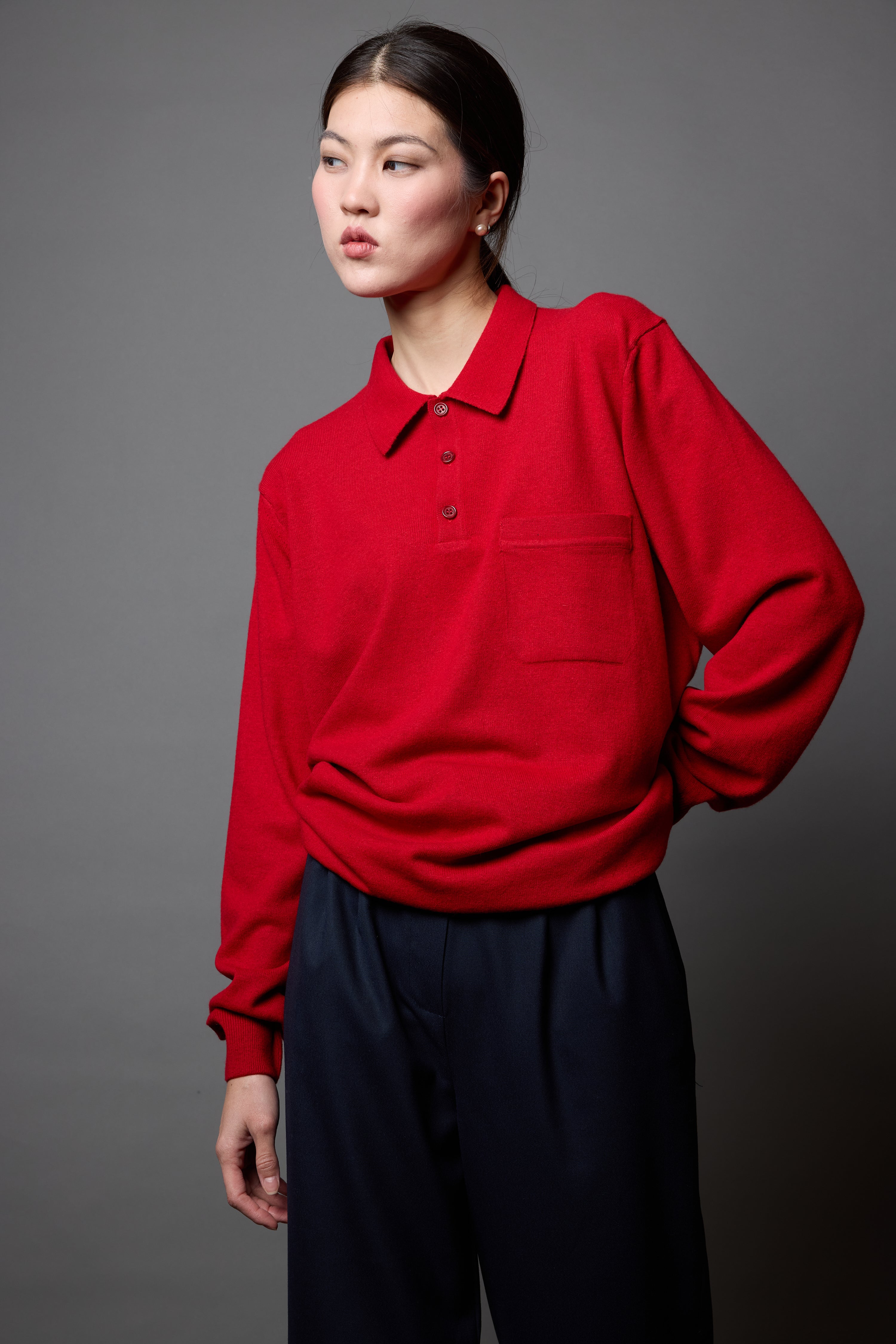 WOOL POLO COLLAR UNISEX SWEATER RED
