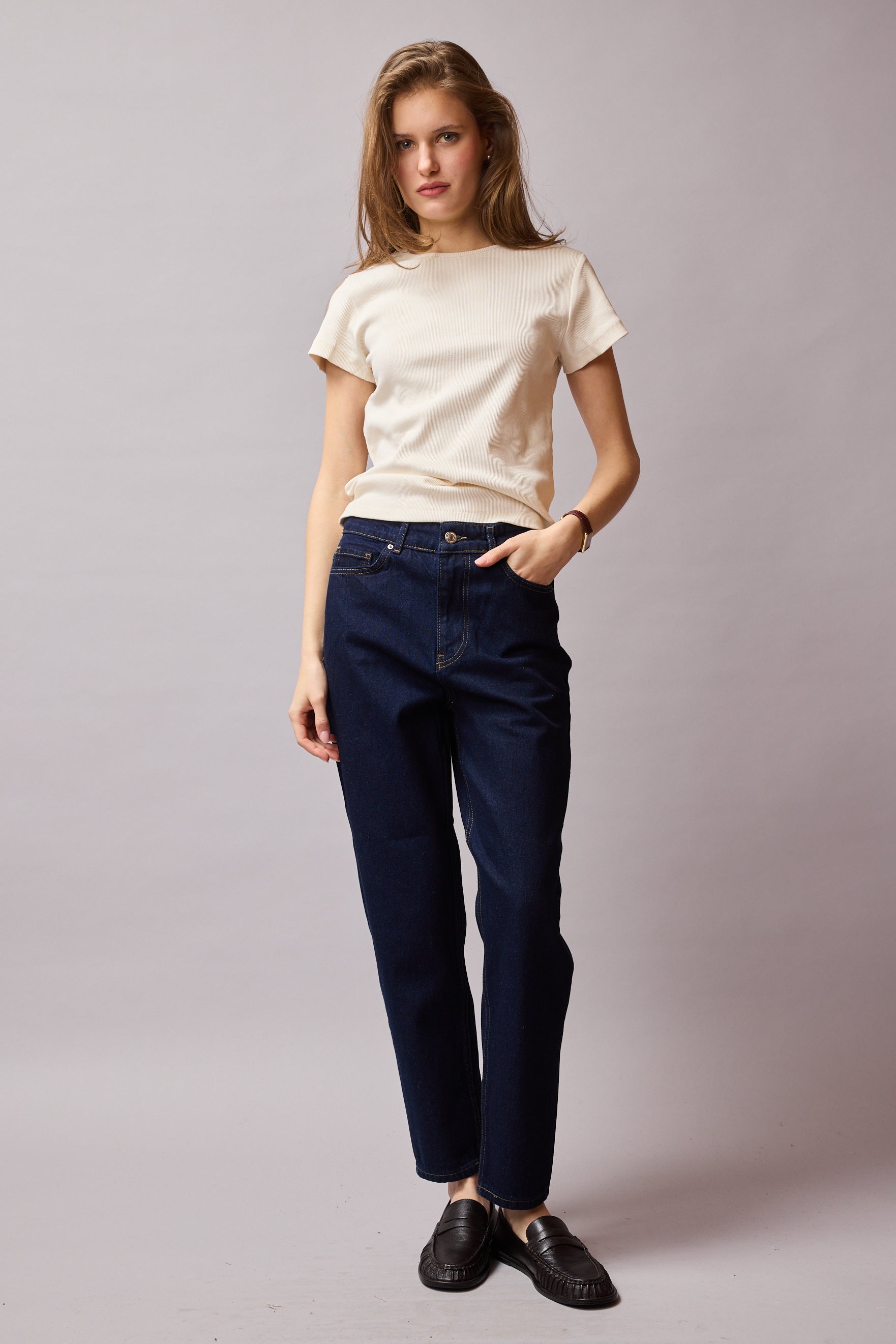 STRAIGHT FIT YUKSEK BEL MOM JEAN DARK BLUE