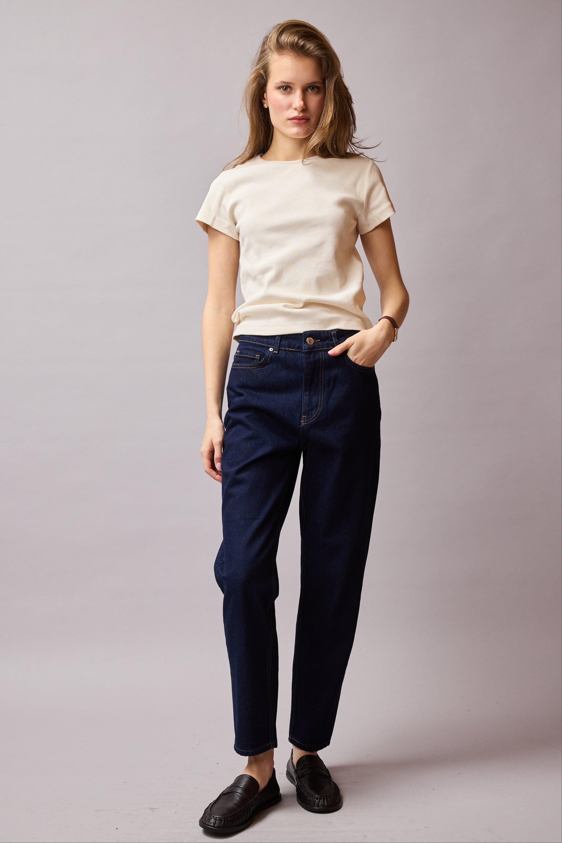 STRAIGHT FIT YUKSEK BEL MOM JEAN DARK BLUE