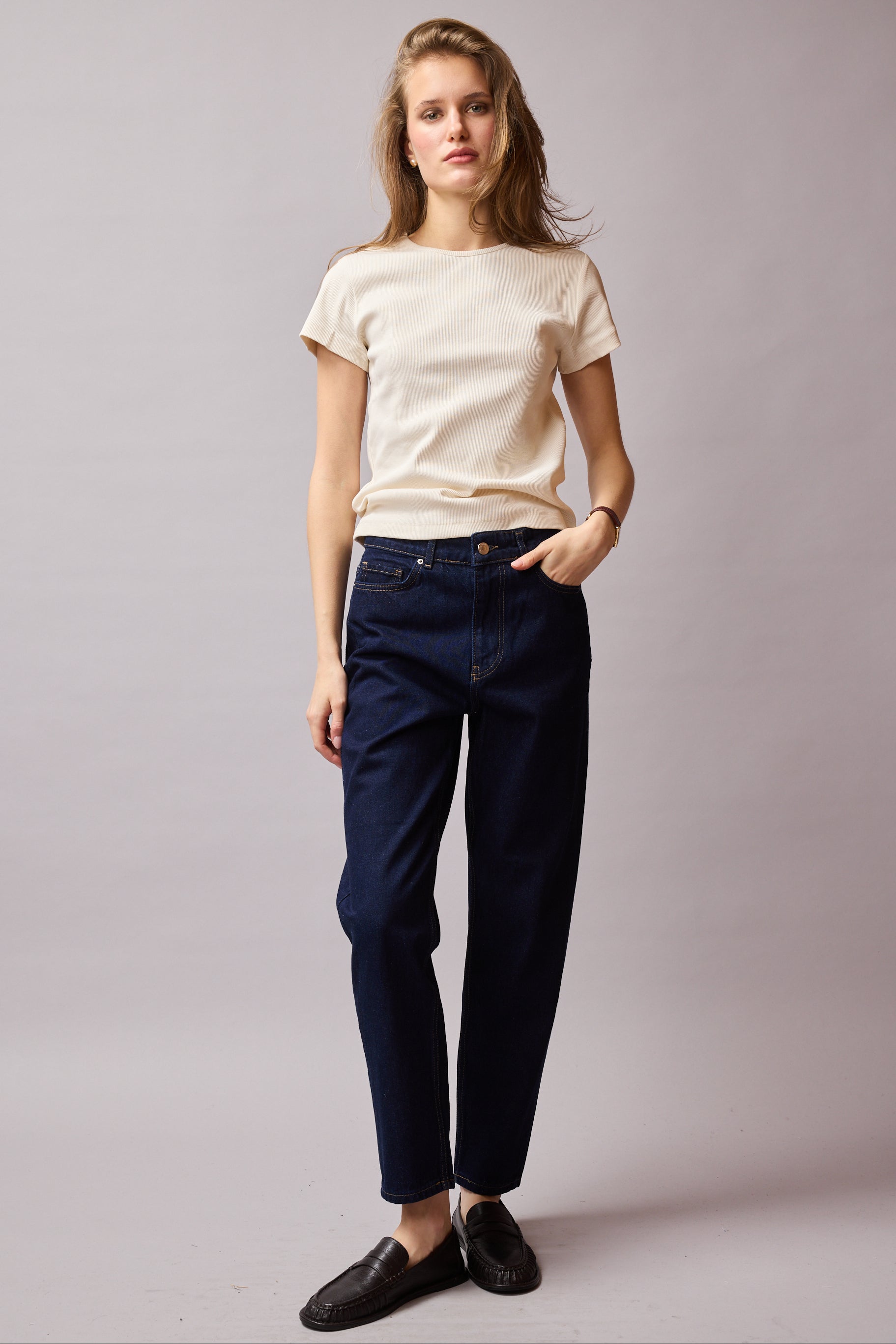 STRAIGHT FIT YUKSEK BEL MOM JEAN DARK BLUE