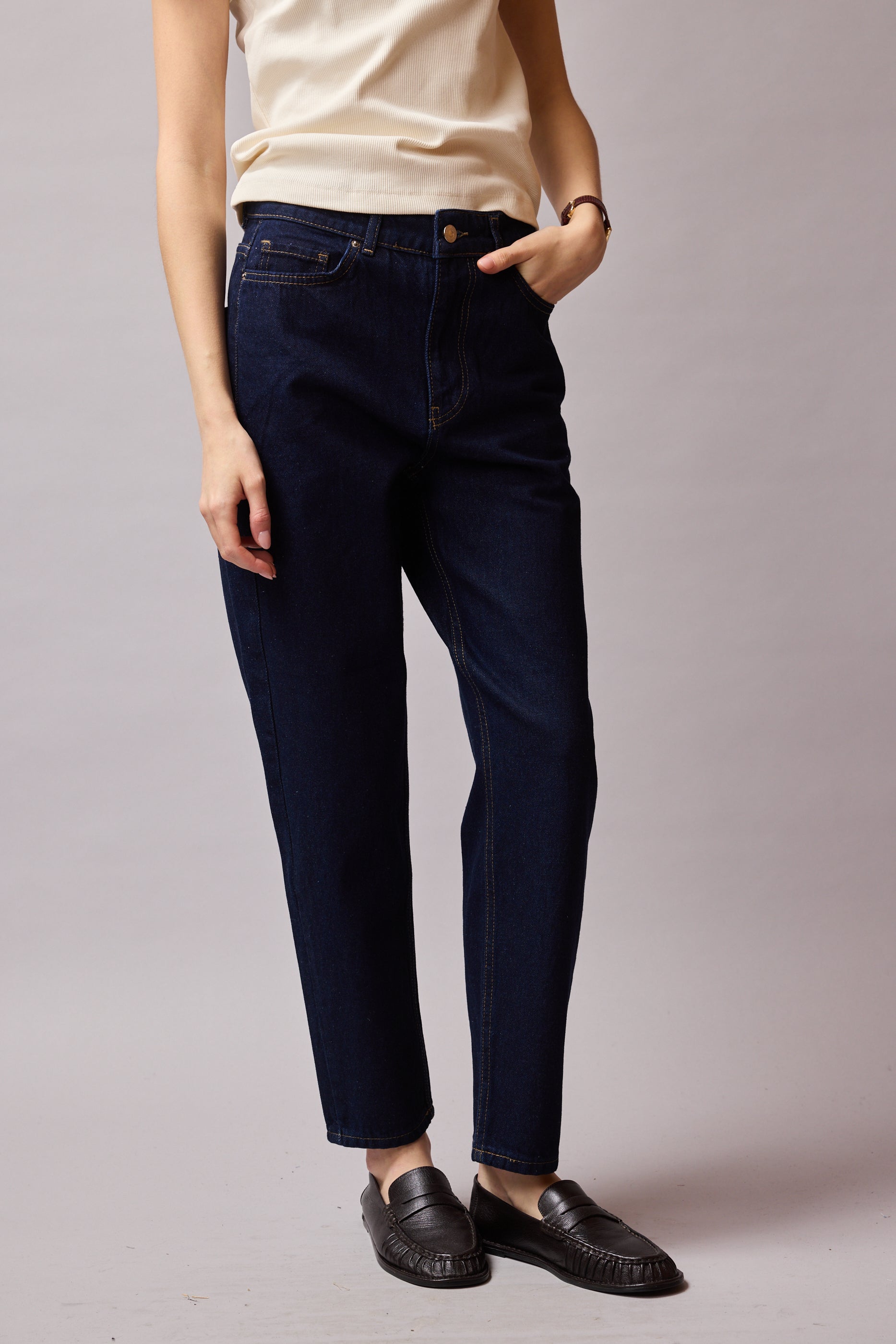 STRAIGHT FIT YUKSEK BEL MOM JEAN DARK BLUE