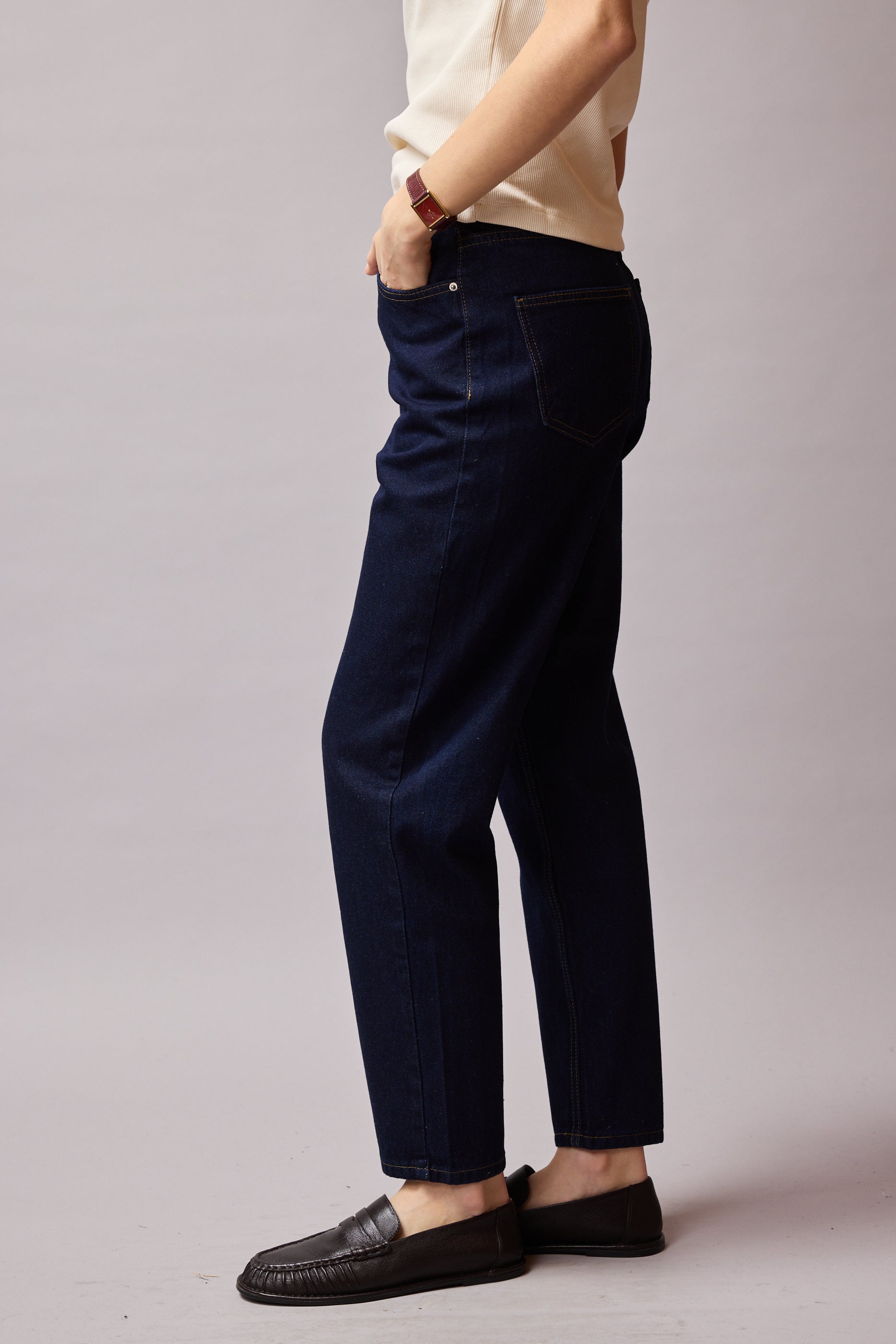 STRAIGHT FIT YUKSEK BEL MOM JEAN DARK BLUE