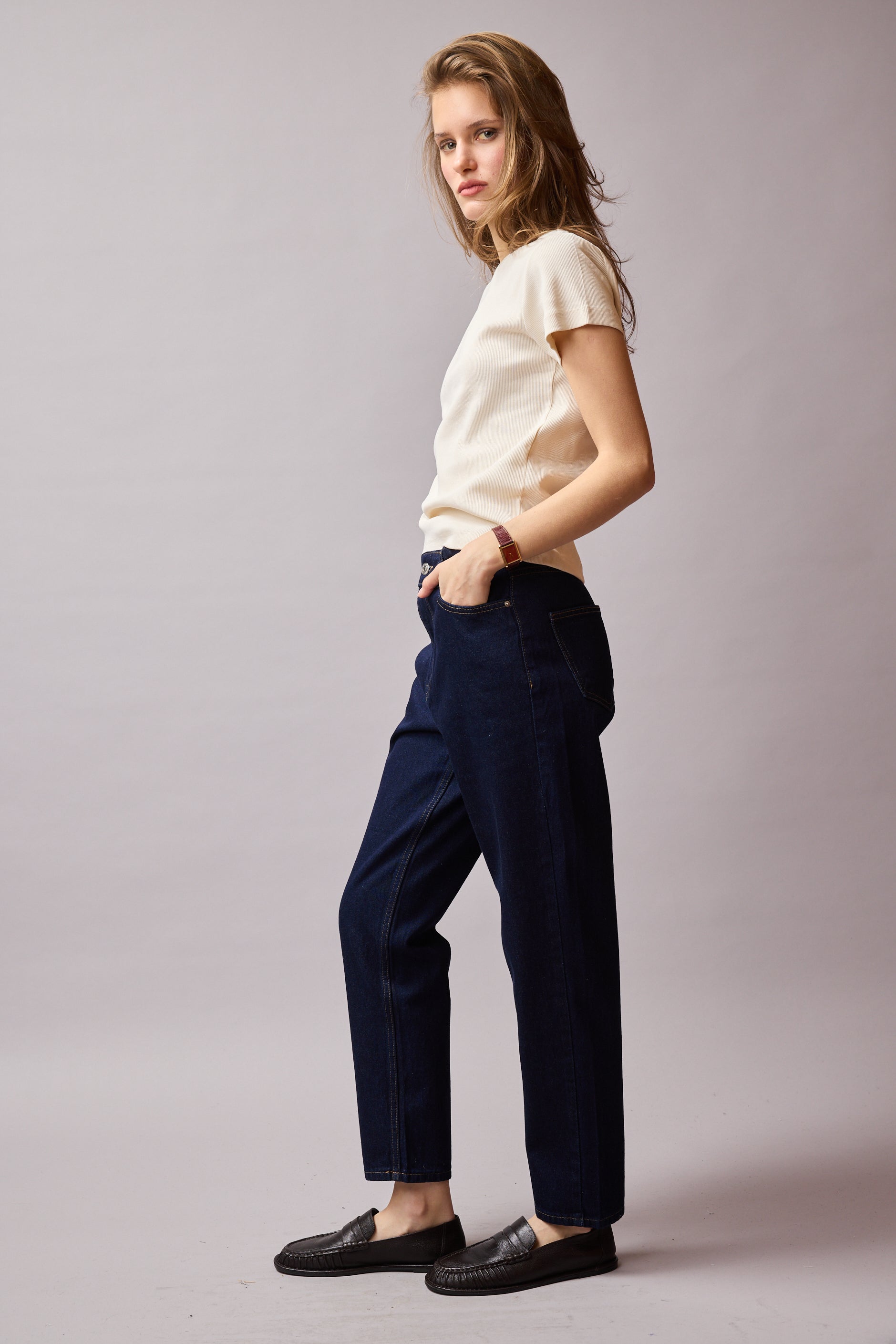 STRAIGHT FIT YUKSEK BEL MOM JEAN DARK BLUE