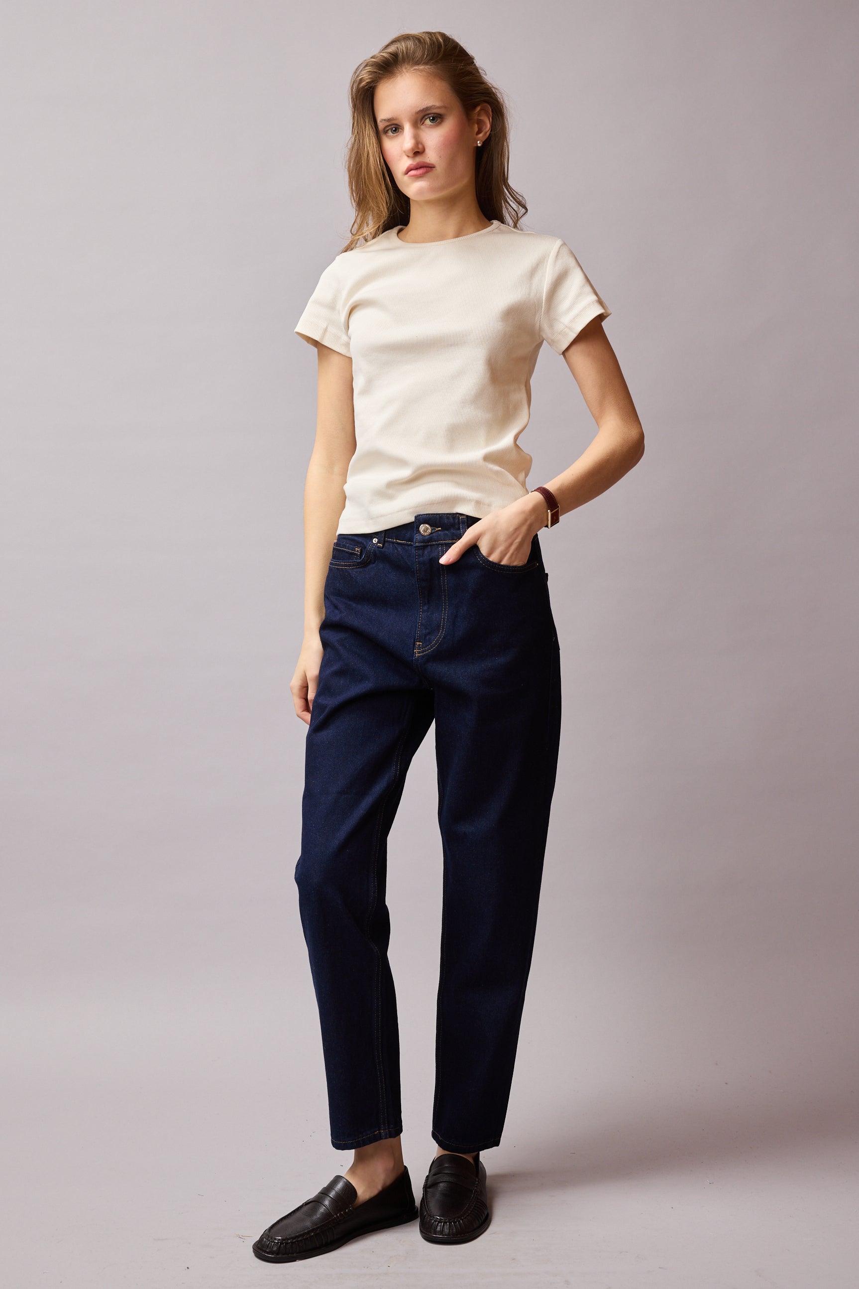 STRAIGHT FIT YUKSEK BEL MOM JEAN DARK BLUE