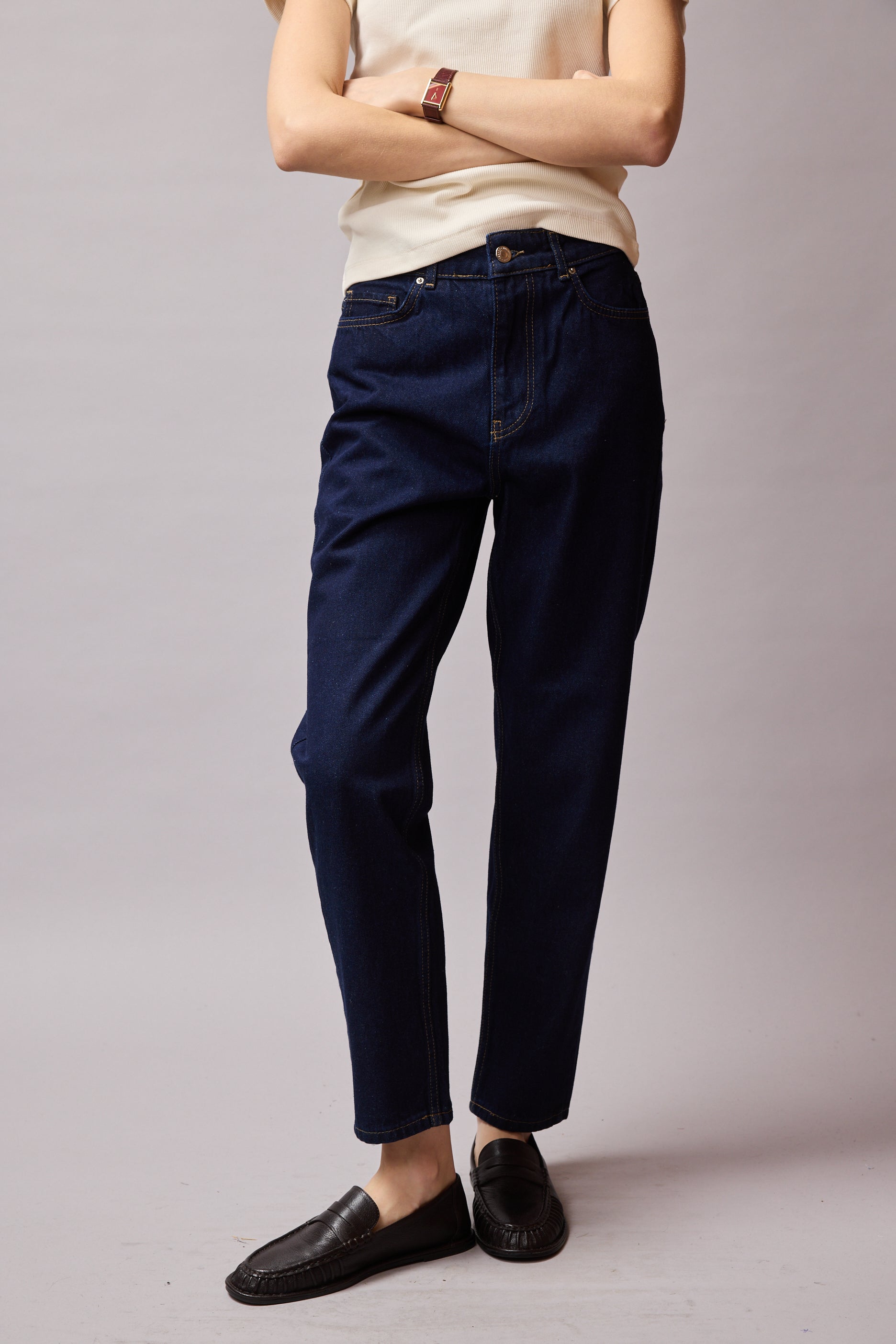 STRAIGHT FIT YUKSEK BEL MOM JEAN DARK BLUE