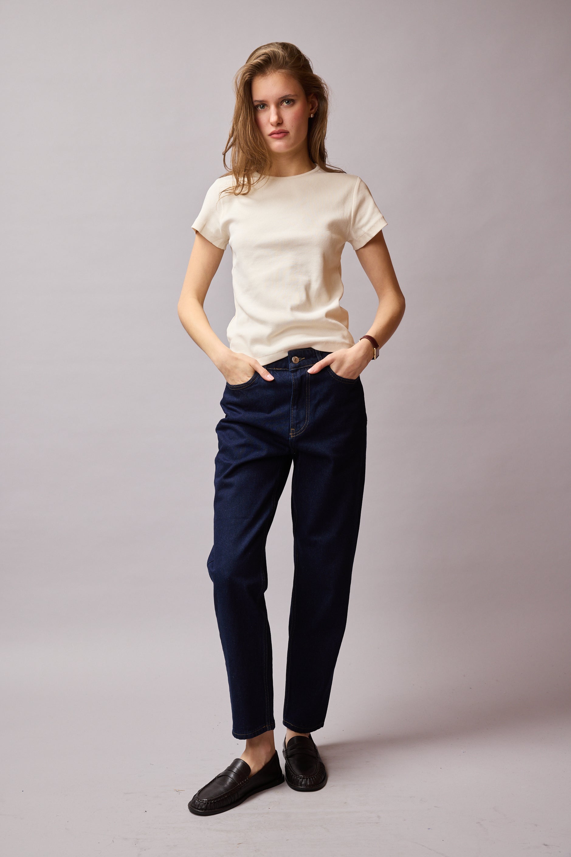 STRAIGHT FIT YUKSEK BEL MOM JEAN DARK BLUE