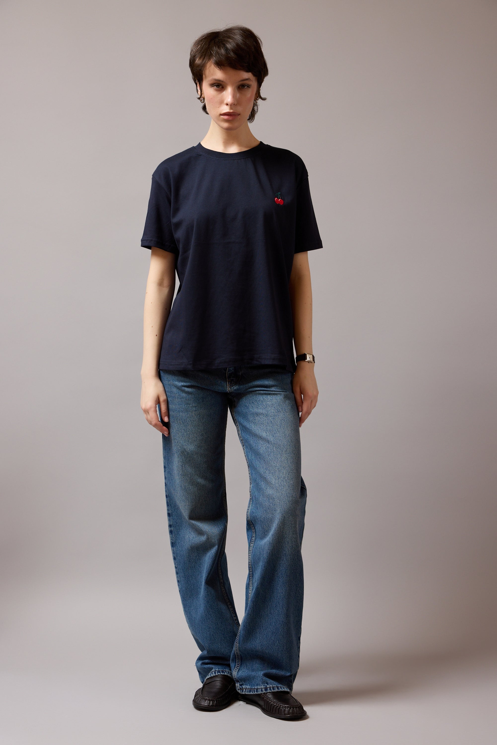 CHERRY KISA KOLLU PAMUK T-SHIRT DARK BLUE