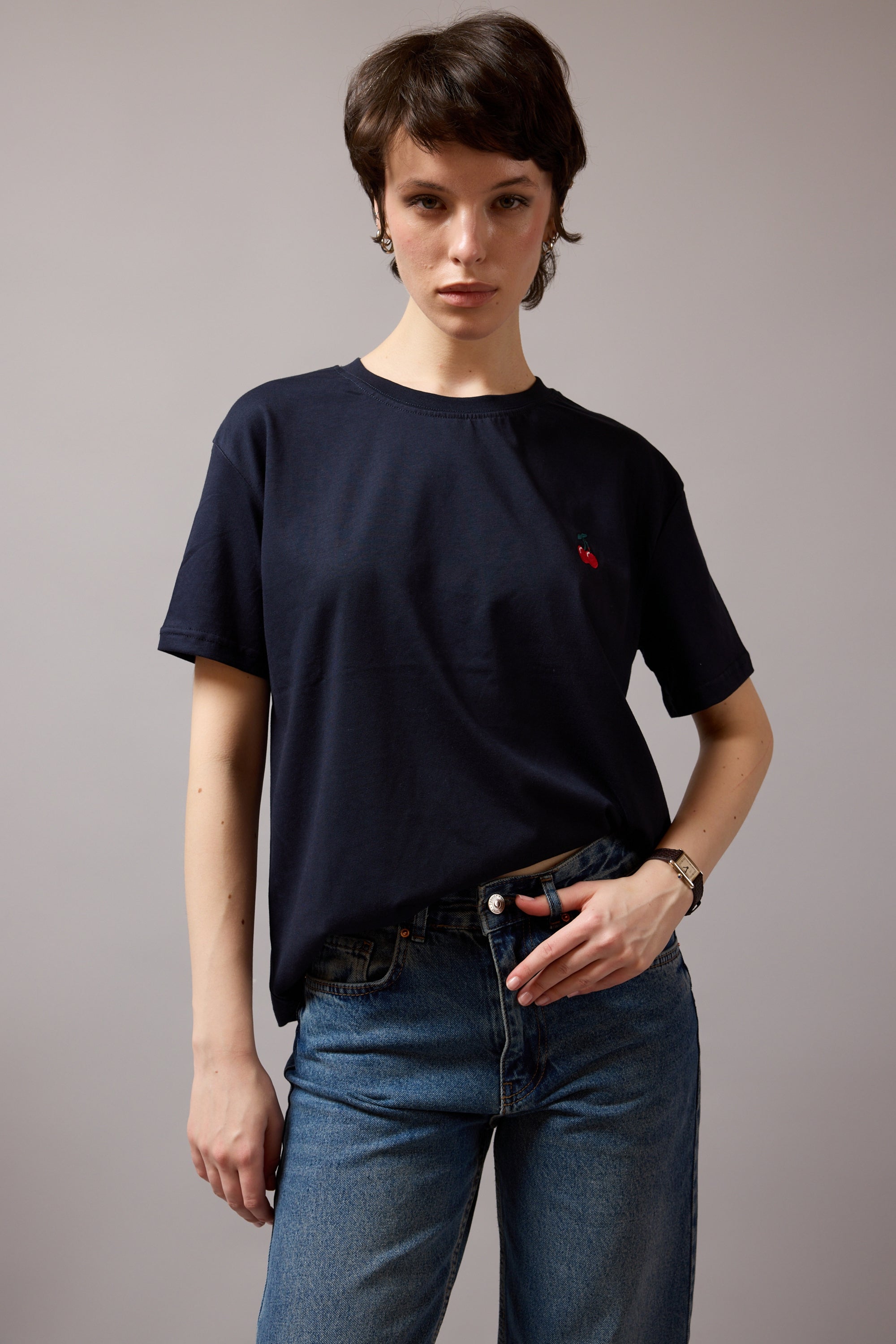CHERRY KISA KOLLU PAMUK T-SHIRT DARK BLUE