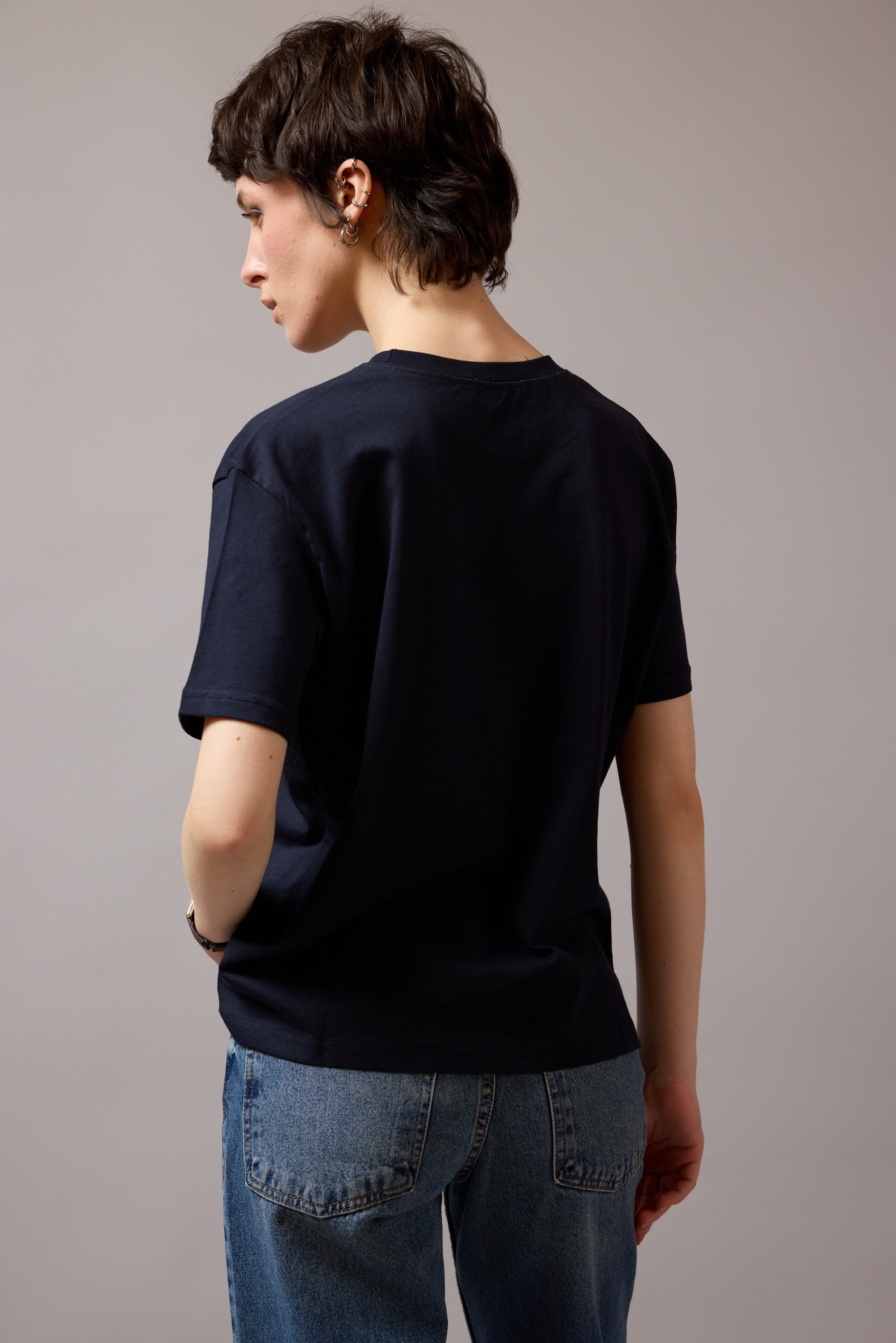 CHERRY KISA KOLLU PAMUK T-SHIRT DARK BLUE