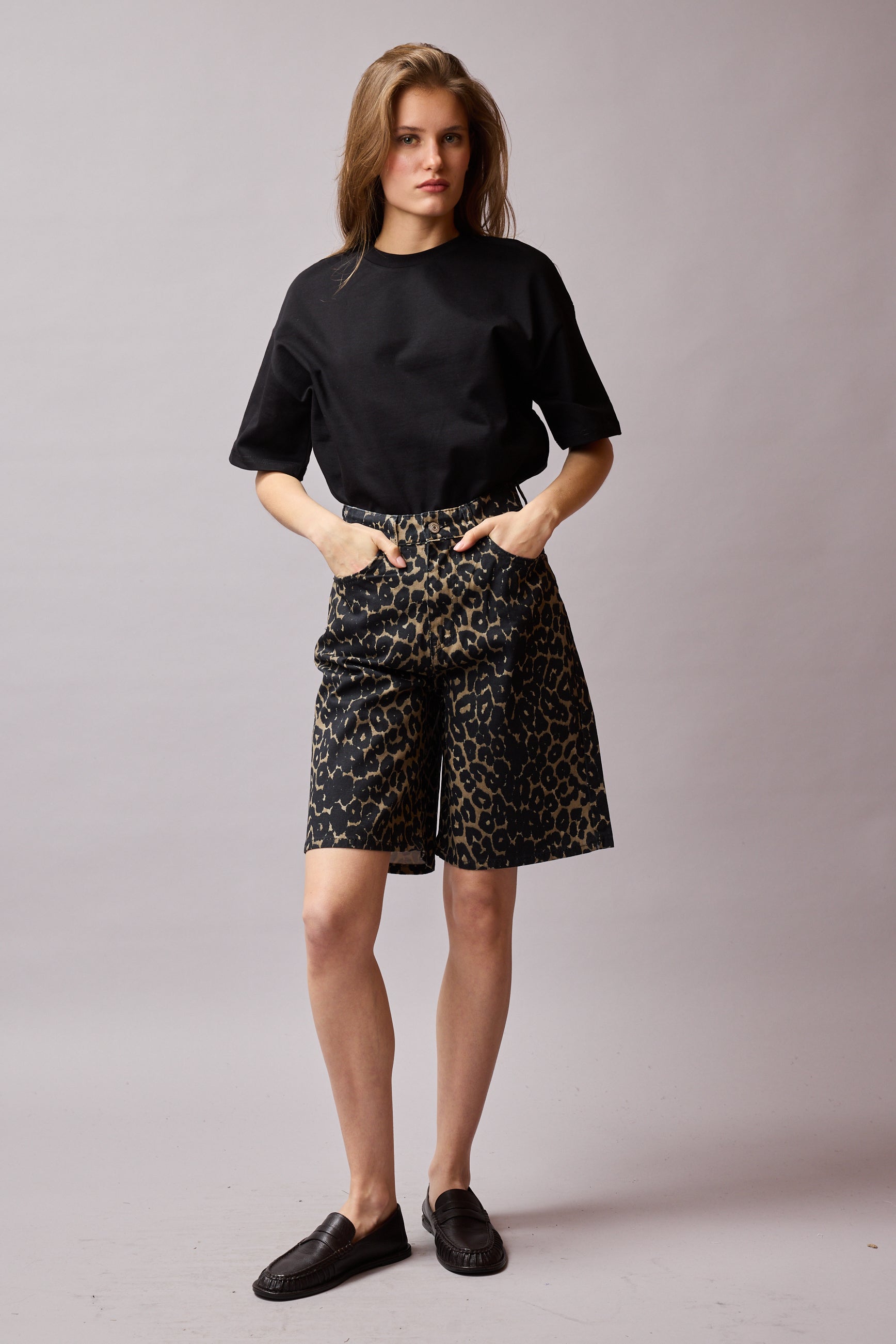 STRAIGHT FIT HIGH WAIST BERMUDA JEANS LEOPARD